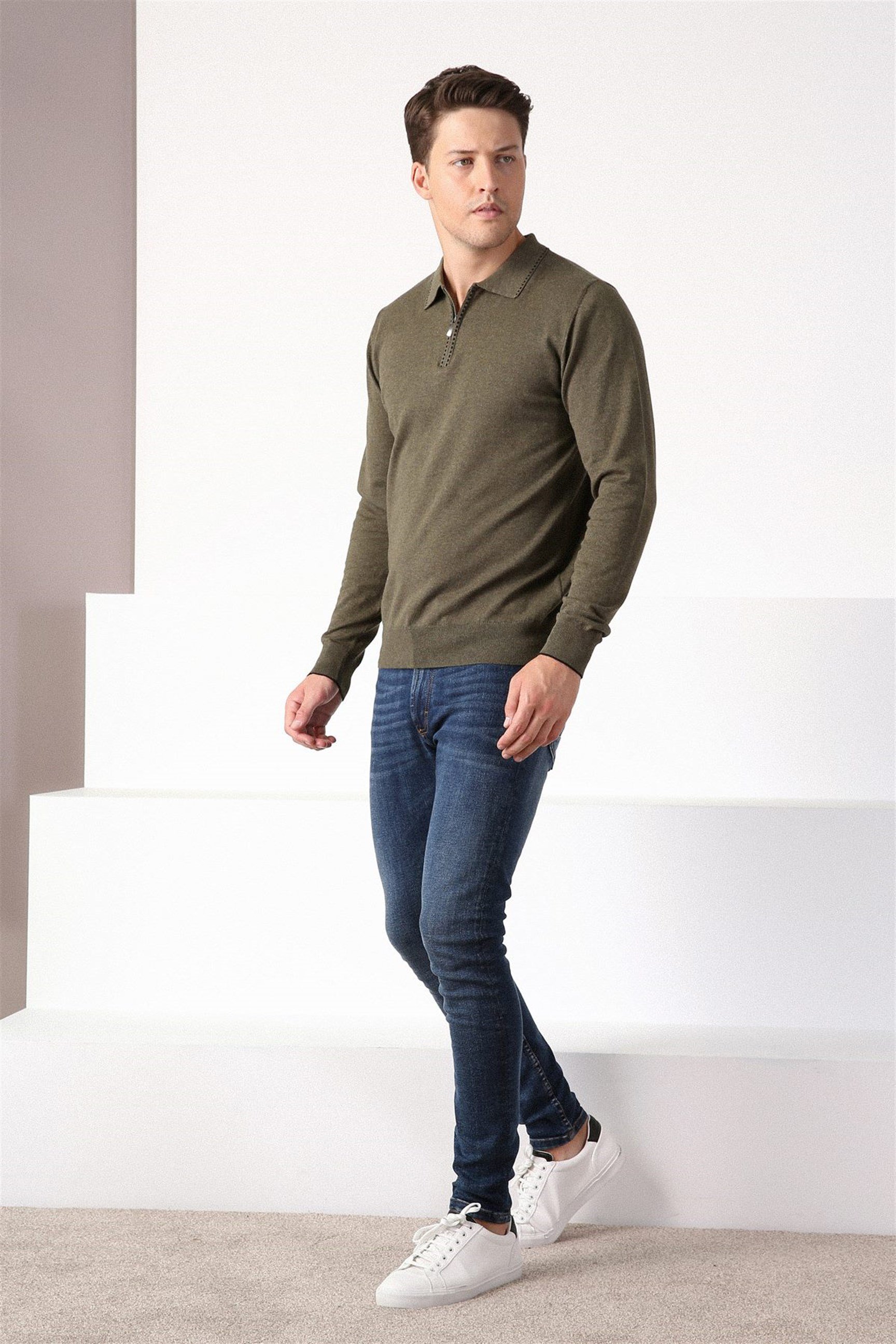 Ferraro Haki Polo Yaka Fermuarlı Erkek Pamuk Kazak