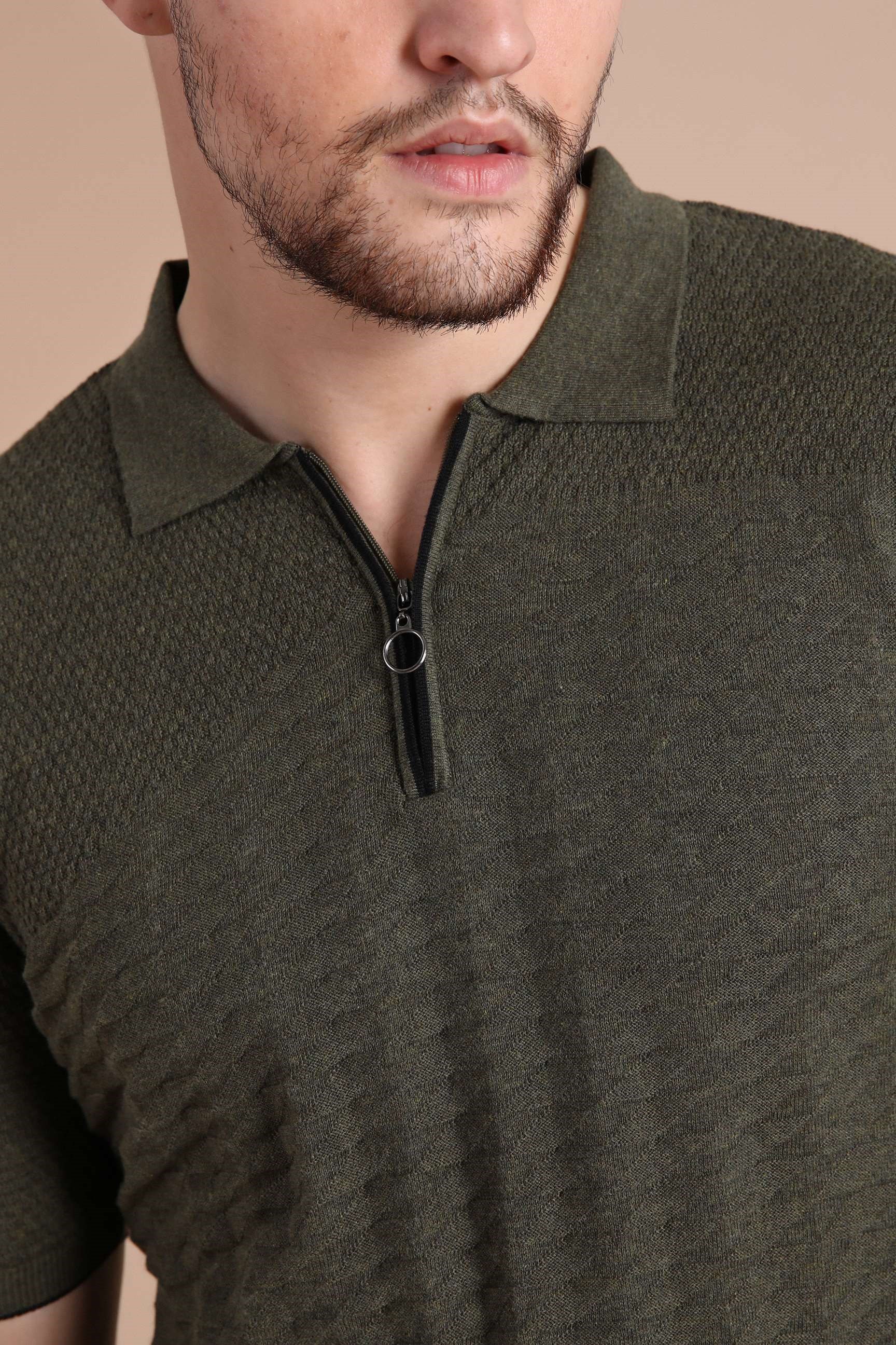 Ferraro Haki Polo Yaka Fermuarlı Erkek Pamuk Triko T-Shirt