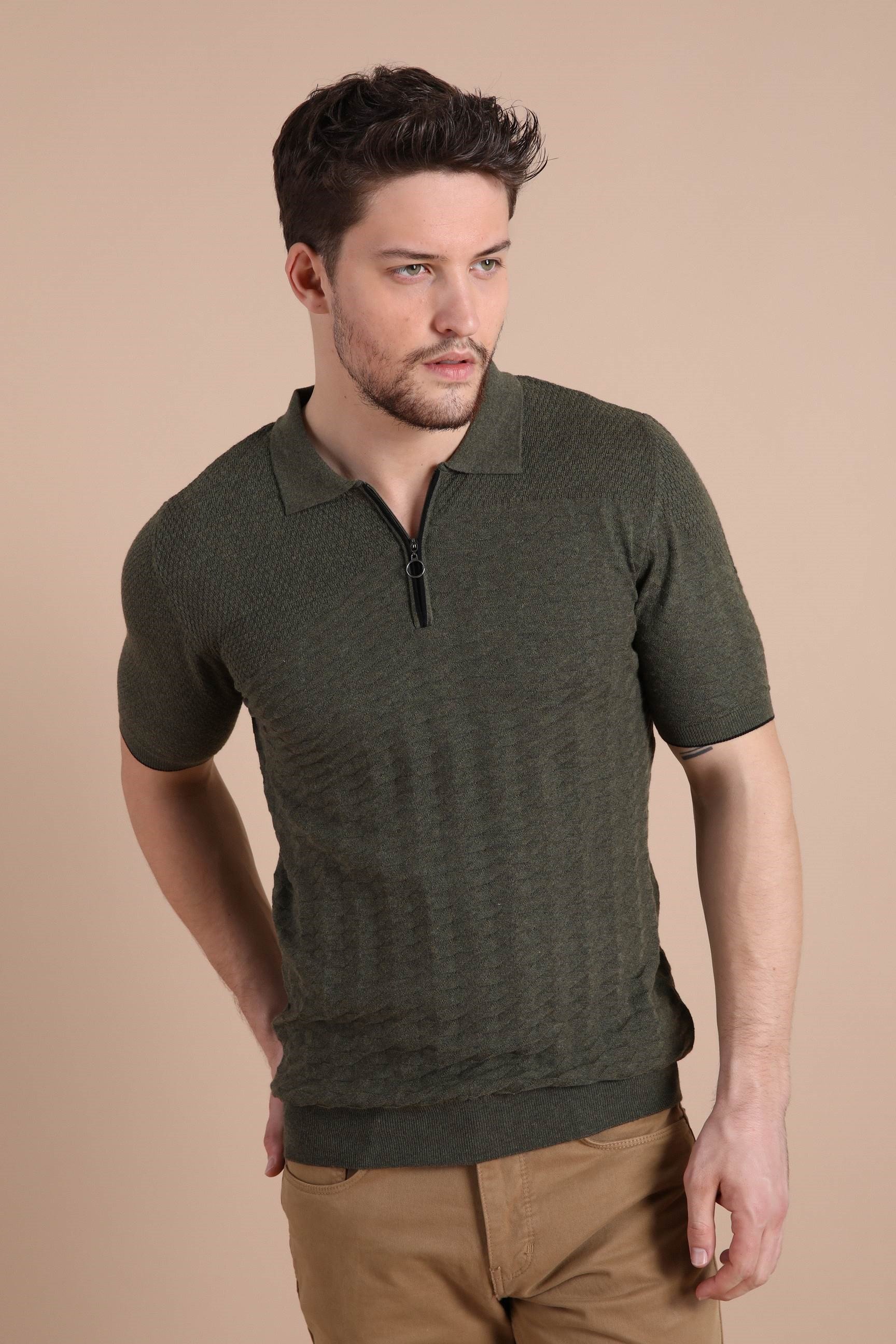 Ferraro Haki Polo Yaka Fermuarlı Erkek Pamuk Triko T-Shirt