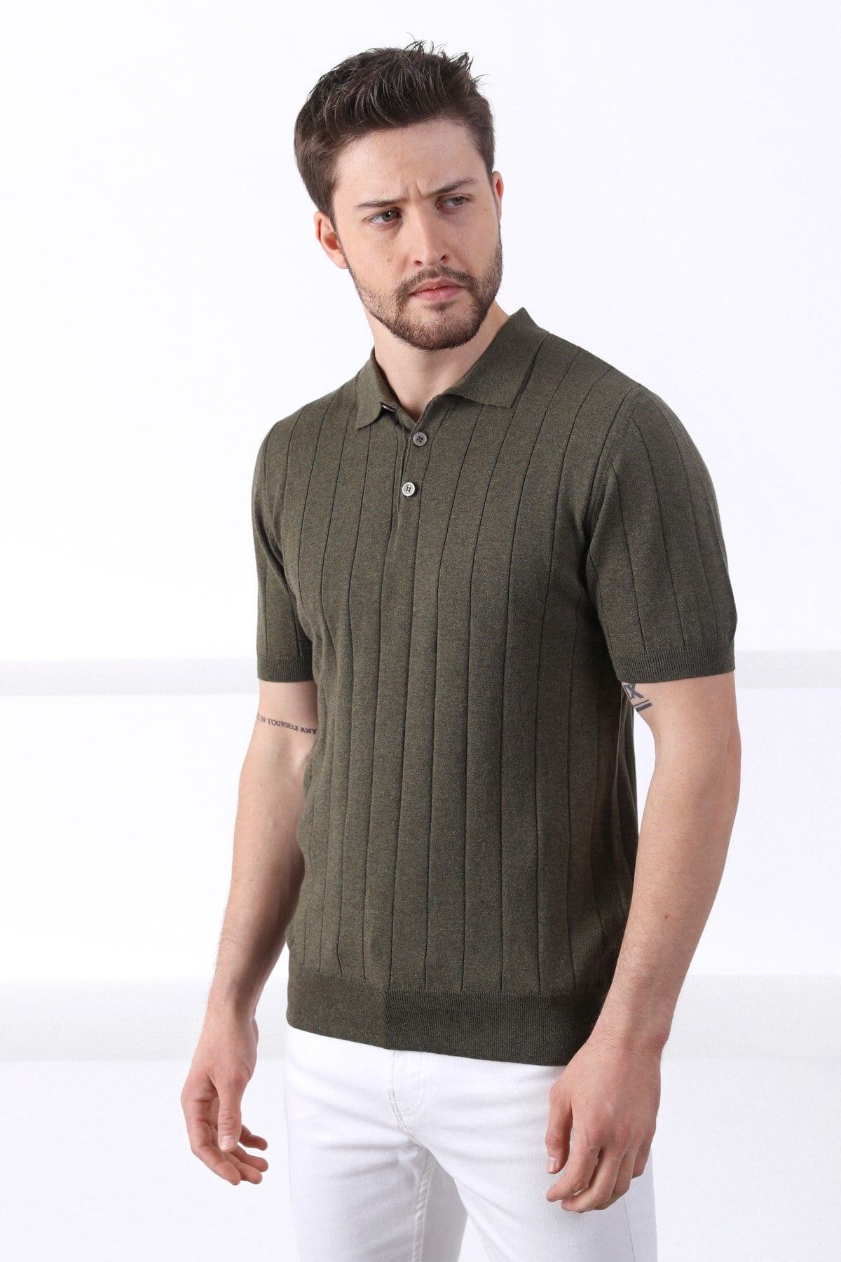 Ferraro Haki Polo Yaka Fitilli Erkek Pamuk Triko T-Shirt