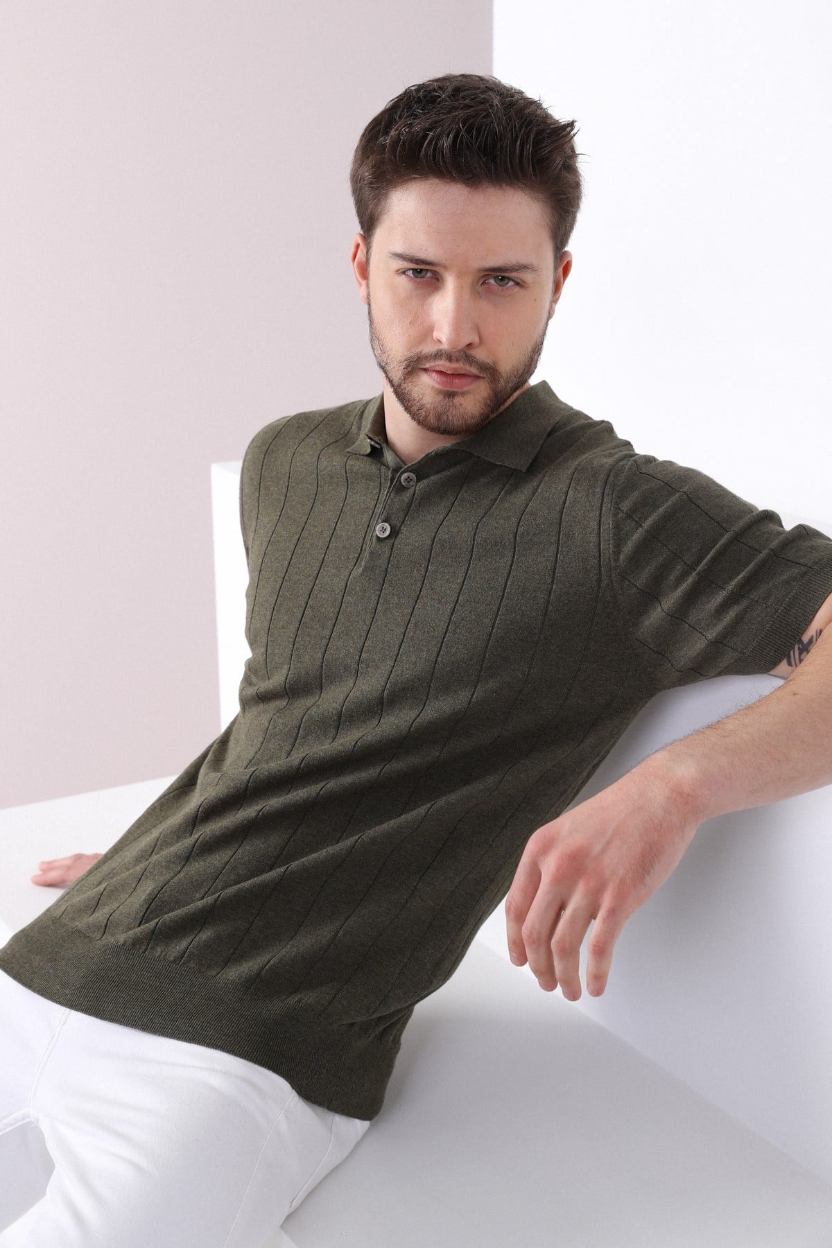 Ferraro Haki Polo Yaka Fitilli Erkek Pamuk Triko T-Shirt