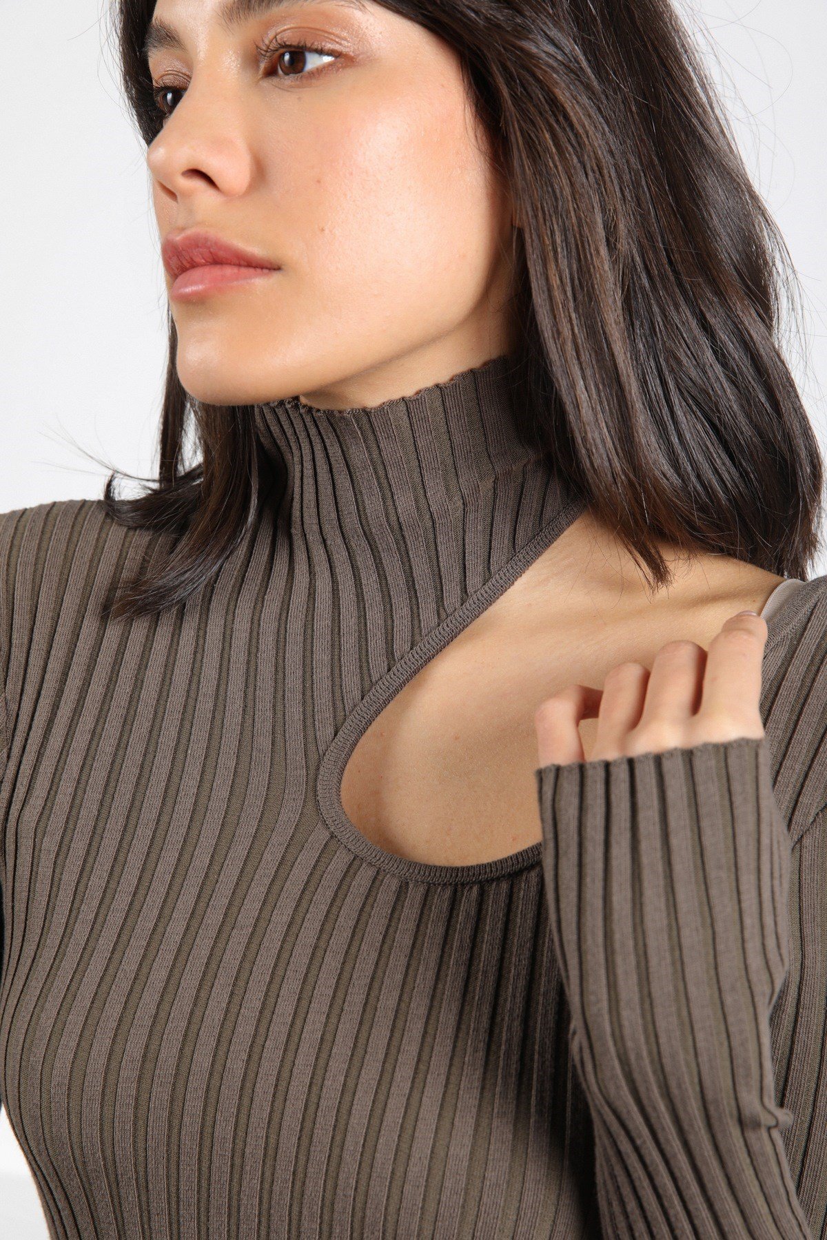 Ferraro Haki Uzun Kollu Kadın Triko Elbise