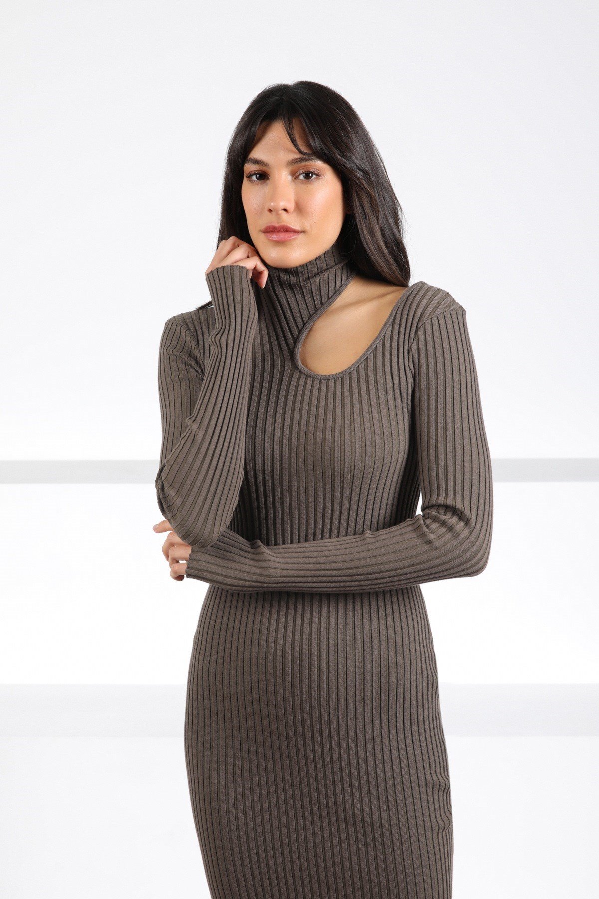 Ferraro Haki Uzun Kollu Kadın Triko Elbise