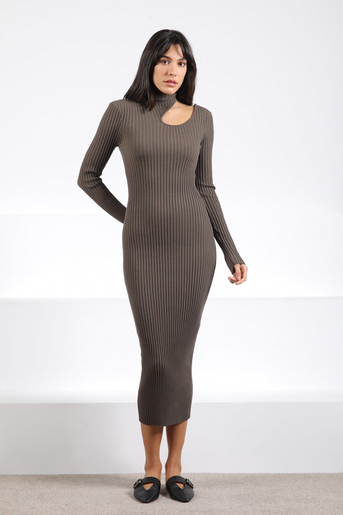 Ferraro Haki Uzun Kollu Kadın Triko Elbise