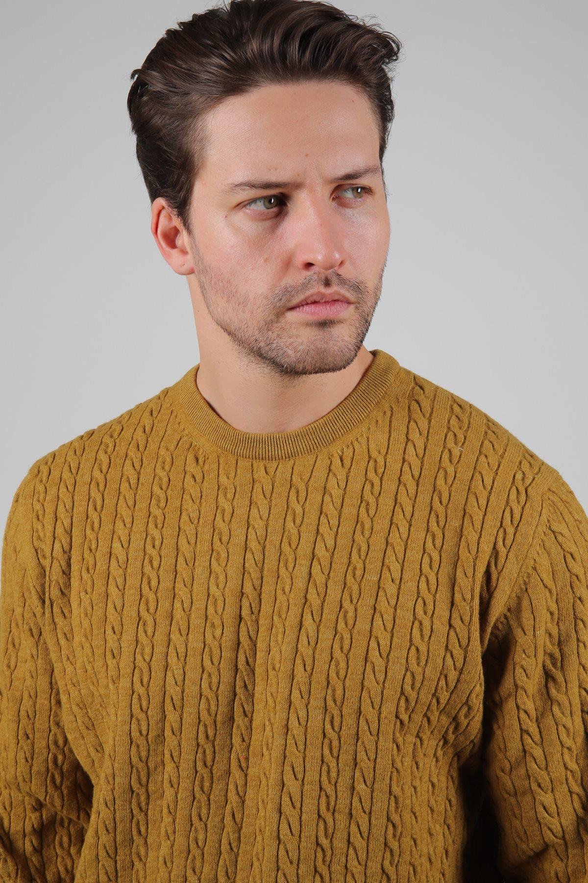 Ferraro Hardal Bisiklet Yaka Kabartmalı Saç Örgü Desenli Uzun Kollu %100 Kuzu Yünü Erkek Triko Kazak