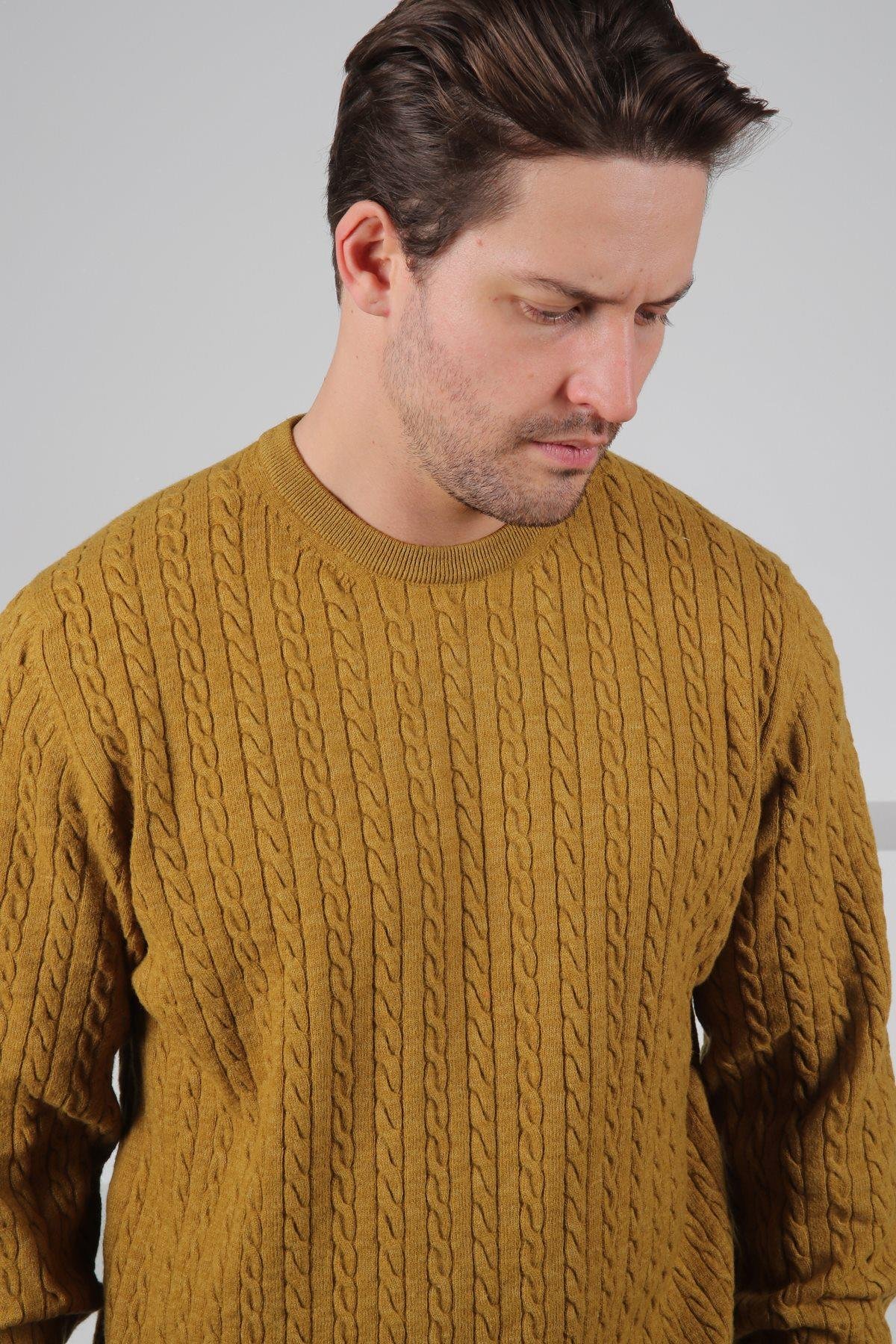 Ferraro Hardal Bisiklet Yaka Kabartmalı Saç Örgü Desenli Uzun Kollu %100 Kuzu Yünü Erkek Triko Kazak