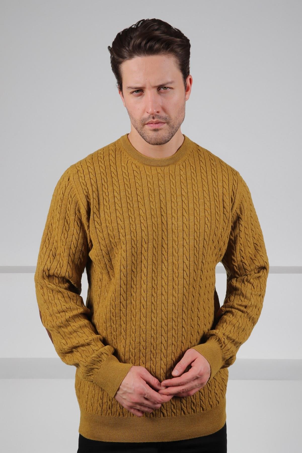 Ferraro Hardal Bisiklet Yaka Kabartmalı Saç Örgü Desenli Uzun Kollu %100 Kuzu Yünü Erkek Triko Kazak