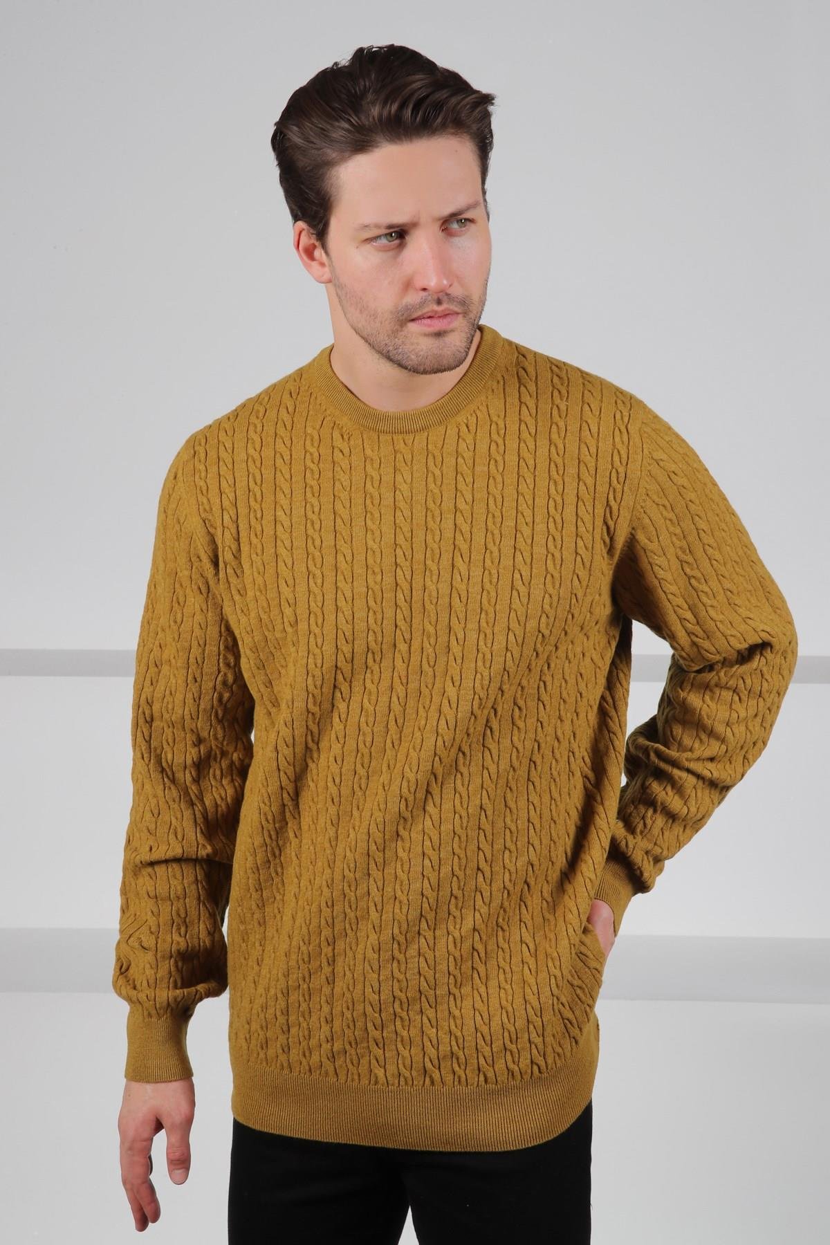 Ferraro Hardal Bisiklet Yaka Kabartmalı Saç Örgü Desenli Uzun Kollu %100 Kuzu Yünü Erkek Triko Kazak