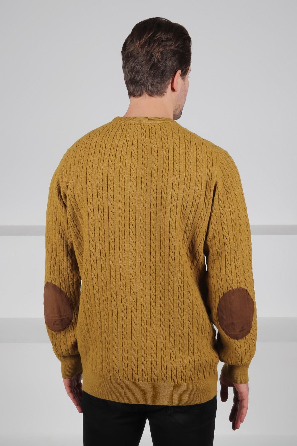 Ferraro Hardal Bisiklet Yaka Kabartmalı Saç Örgü Desenli Uzun Kollu %100 Kuzu Yünü Erkek Triko Kazak