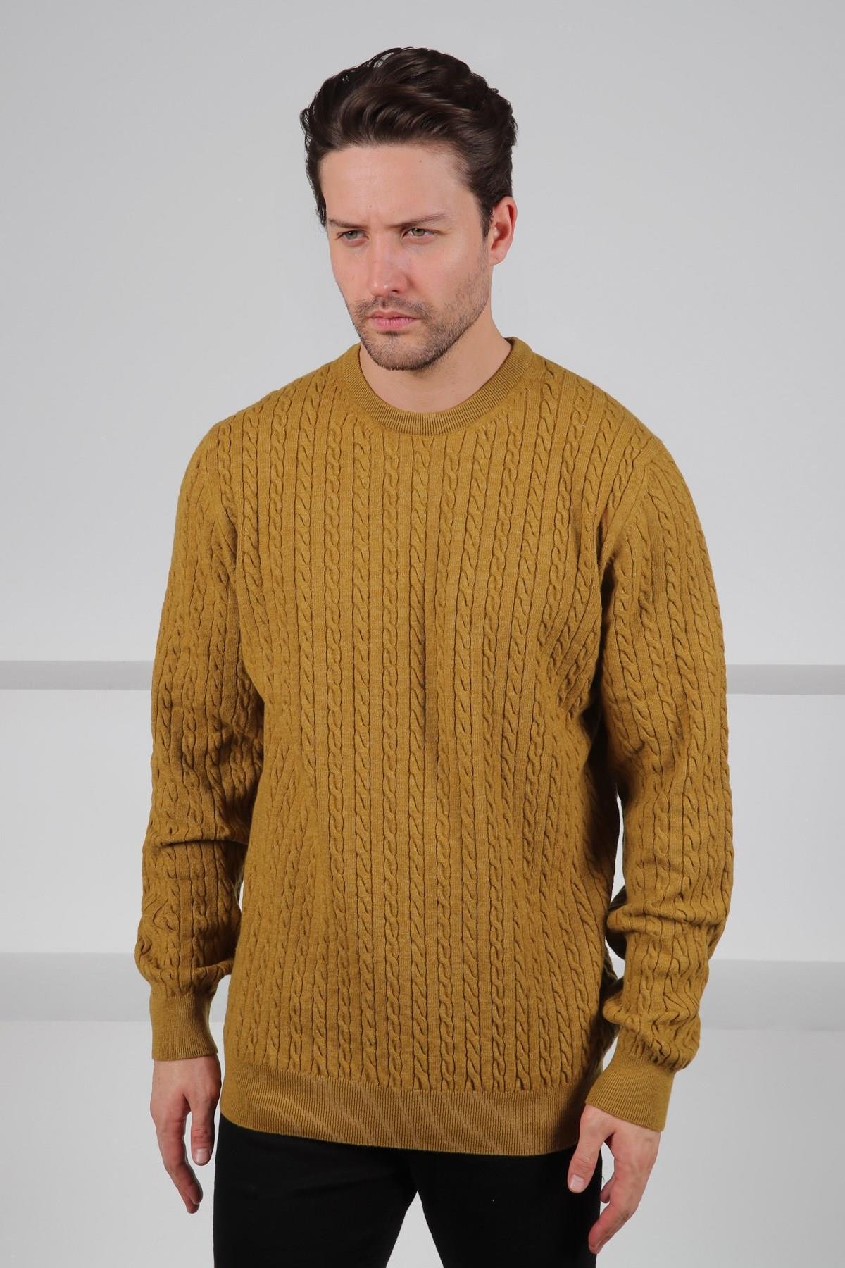 Ferraro Hardal Bisiklet Yaka Kabartmalı Saç Örgü Desenli Uzun Kollu %100 Kuzu Yünü Erkek Triko Kazak