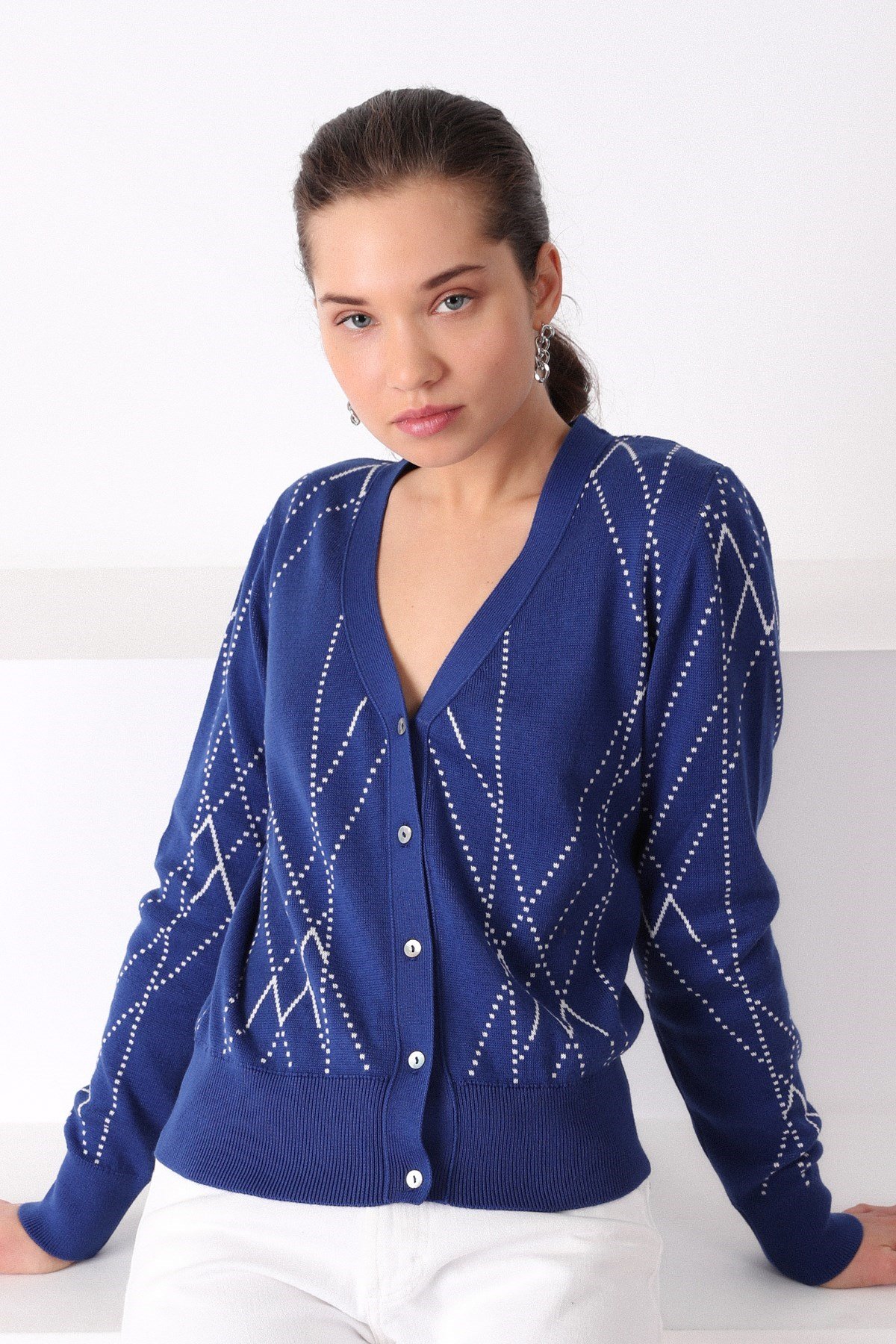 Ferraro HipBlue Çizgili Pamuk Kadın Triko Hırka