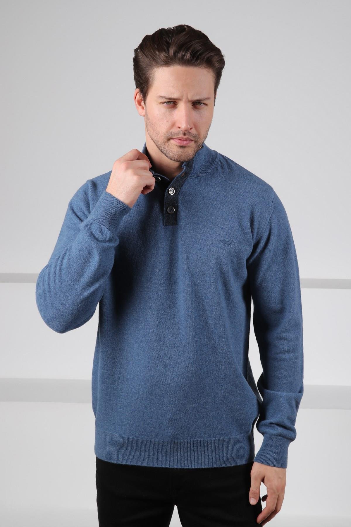 Ferraro İndigo Düğmeli Yarım Balıkçı Yaka Uzun Kollu %100 Kuzu Yünü Erkek Triko Kazak