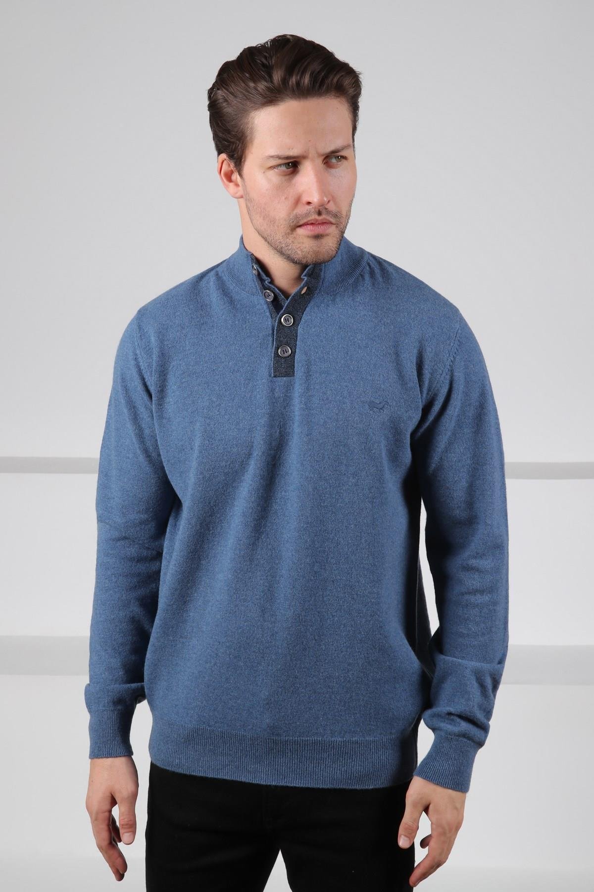 Ferraro İndigo Düğmeli Yarım Balıkçı Yaka Uzun Kollu %100 Kuzu Yünü Erkek Triko Kazak