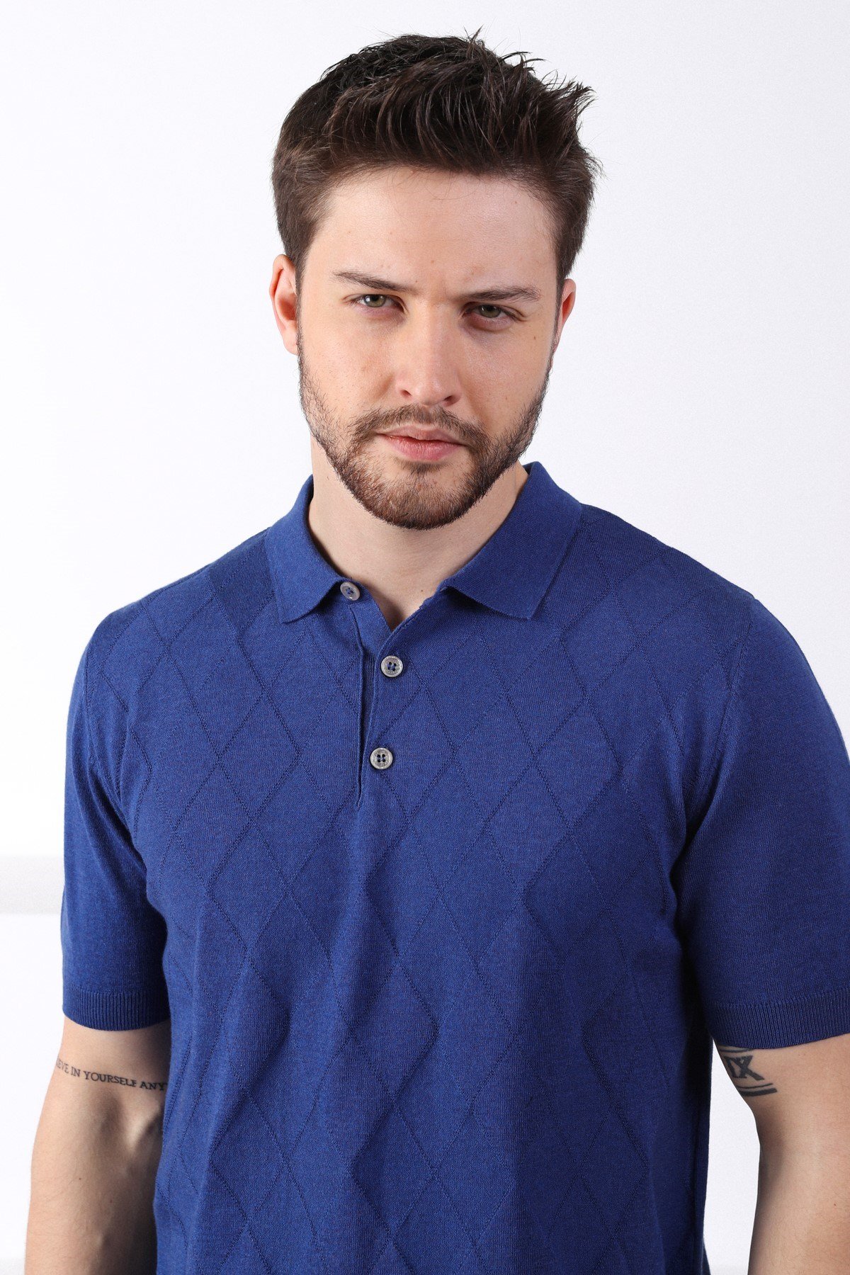 Ferraro İndigo Polo Yaka Baklava Desen Erkek Pamuk Triko T-Shirt