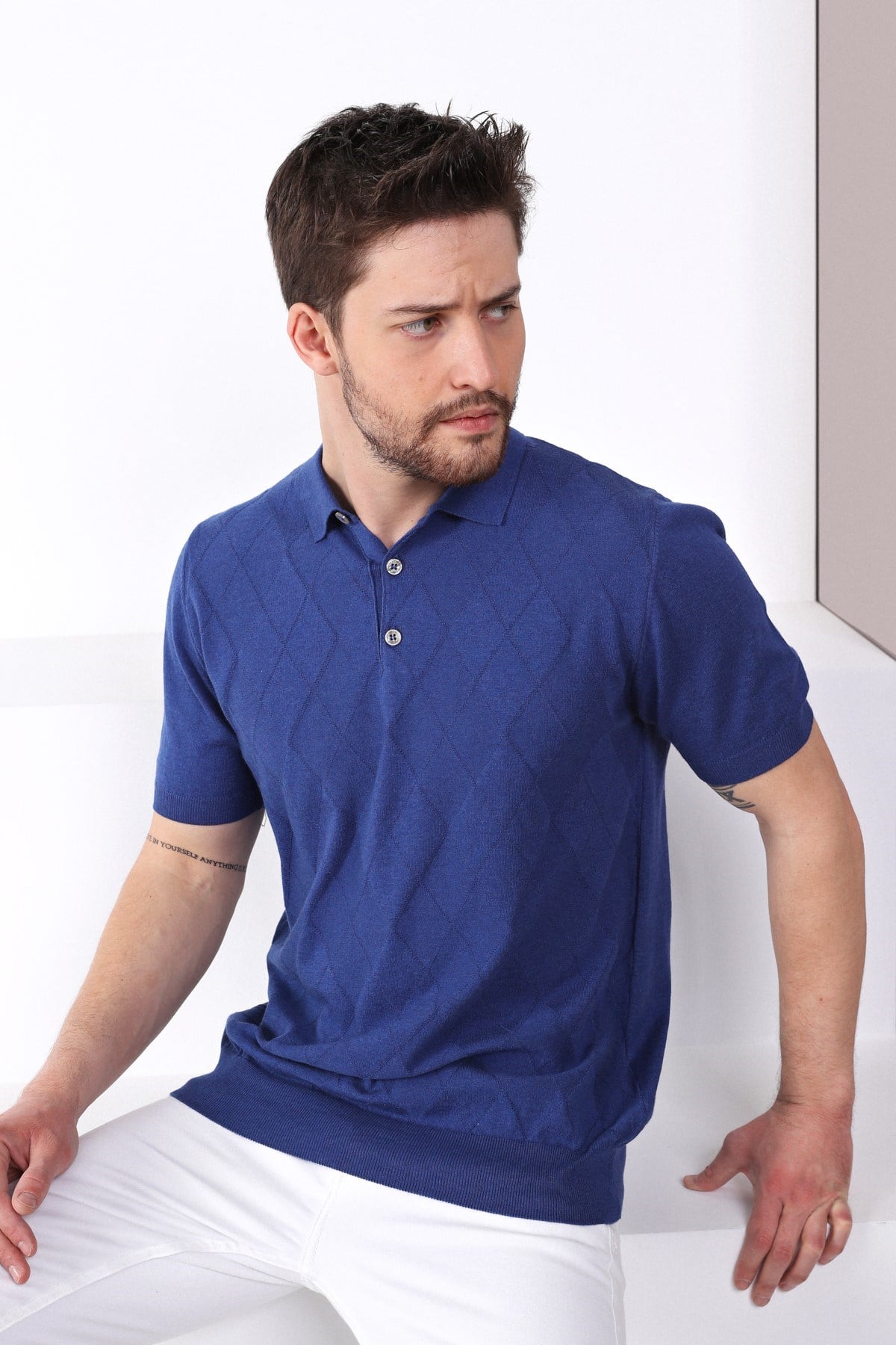 Ferraro İndigo Polo Yaka Baklava Desen Erkek Pamuk Triko T-Shirt