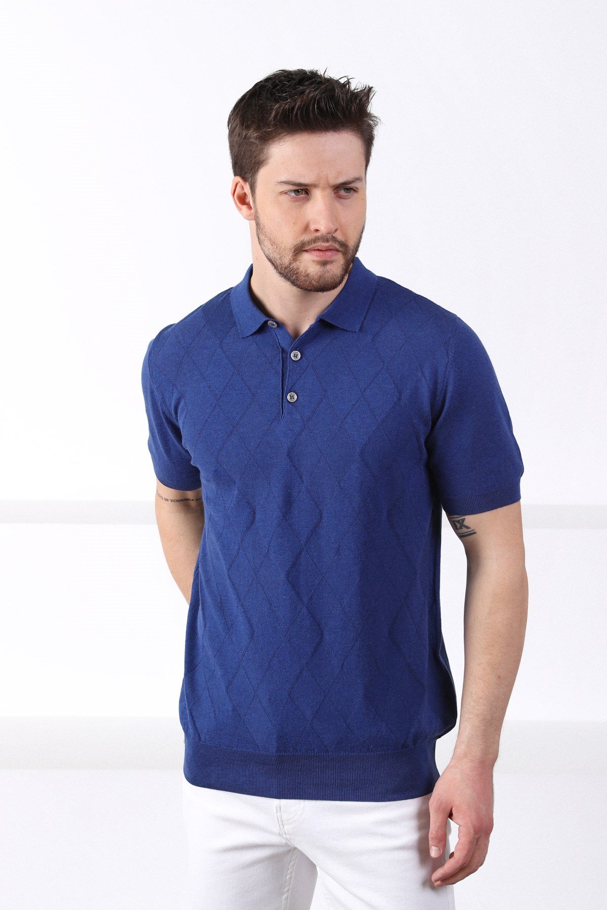 Ferraro İndigo Polo Yaka Baklava Desen Erkek Pamuk Triko T-Shirt