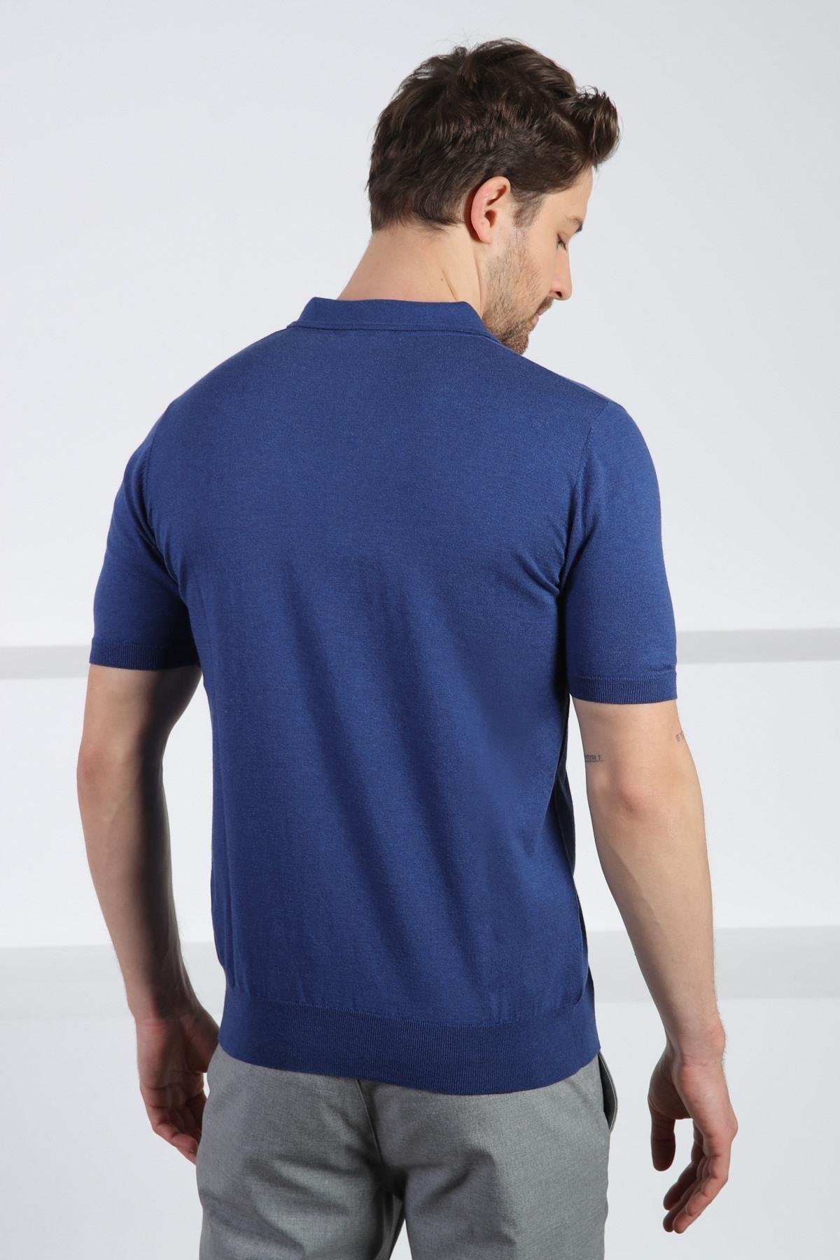 Ferraro İndigo Polo Yaka Fermuarlı Erkek Pamuk Triko T-Shirt