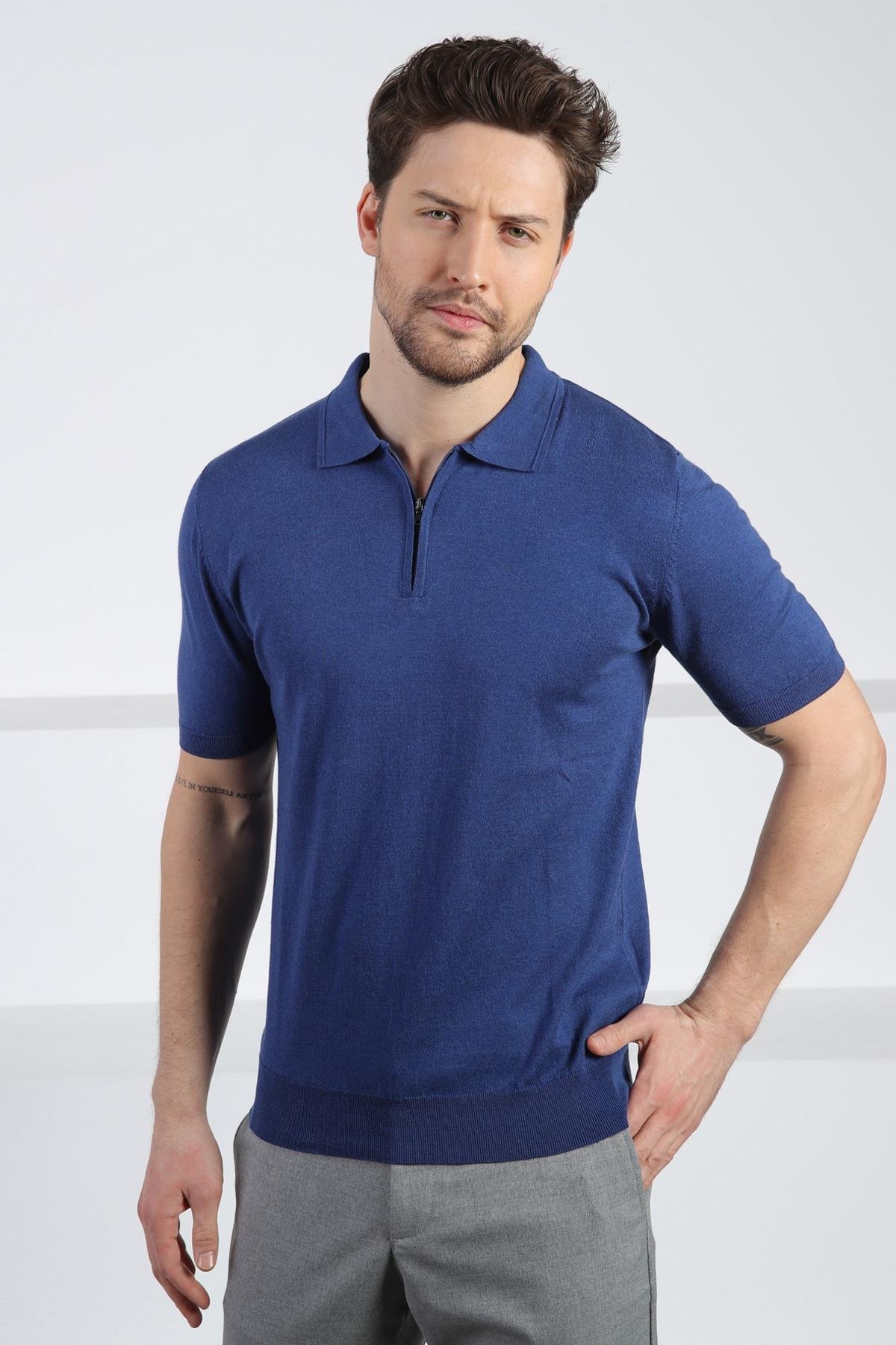 Ferraro İndigo Polo Yaka Fermuarlı Erkek Pamuk Triko T-Shirt