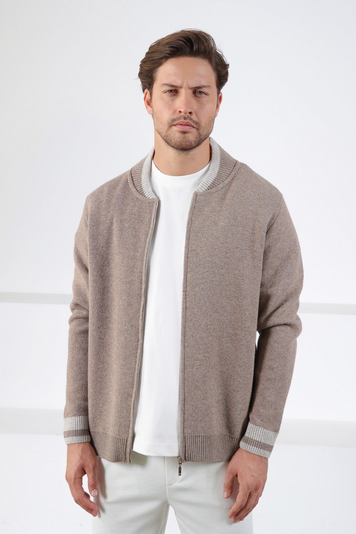 Ferraro K.Bej Bomber Yaka Kaşmirli Erkek Triko Hırka