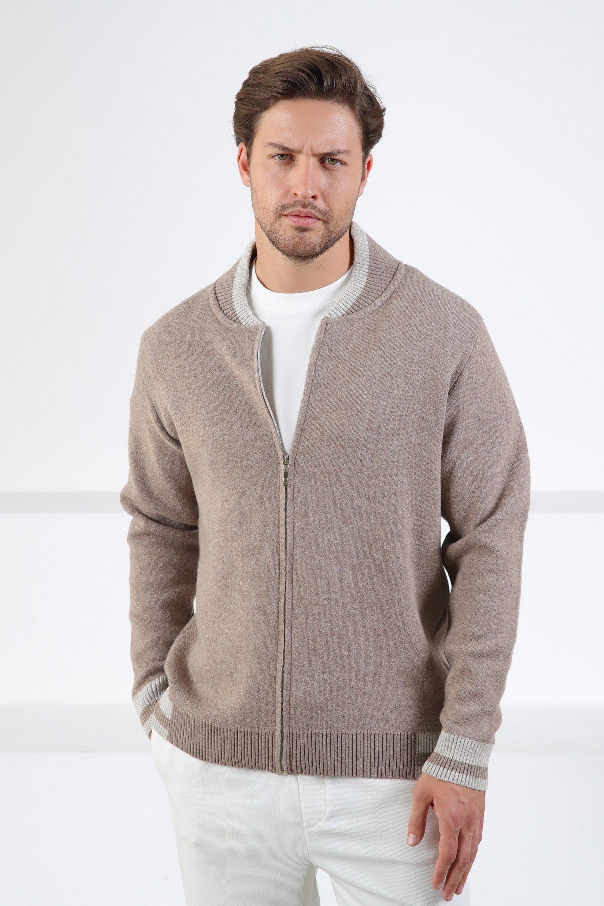 Ferraro K.Bej Bomber Yaka Kaşmirli Erkek Triko Hırka