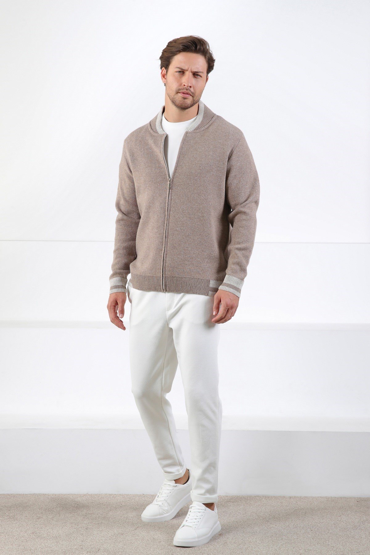 Ferraro K.Bej Bomber Yaka Kaşmirli Erkek Triko Hırka