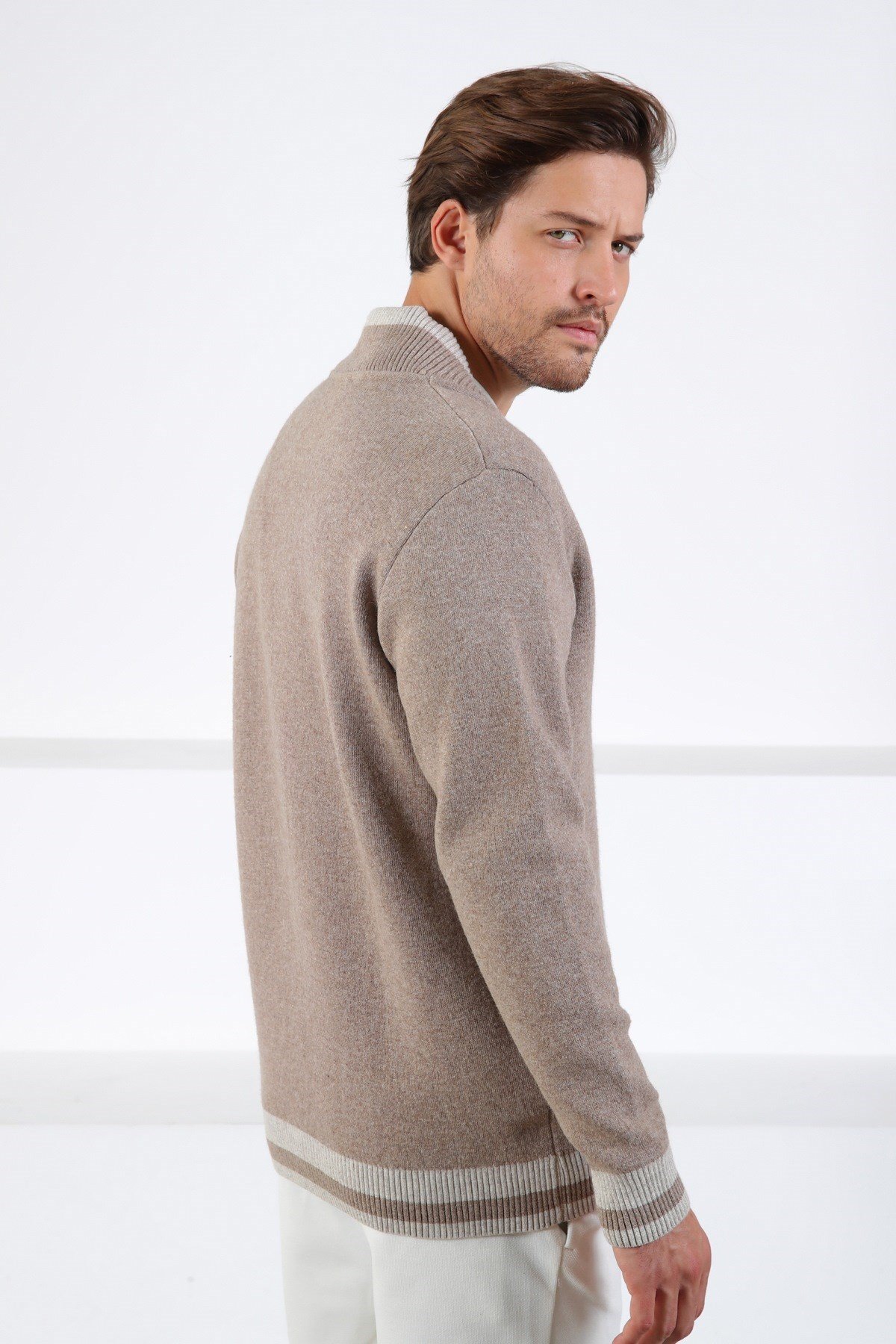 Ferraro K.Bej Bomber Yaka Kaşmirli Erkek Triko Hırka