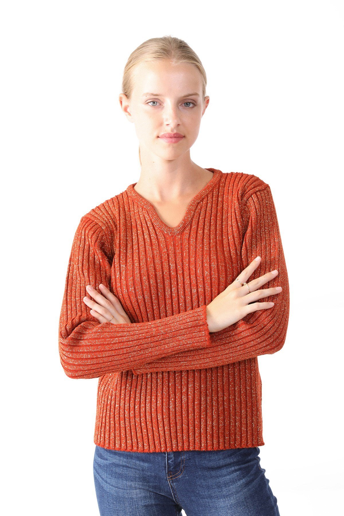 Ferraro K.Oranj V Yaka Kadın Triko Kazak