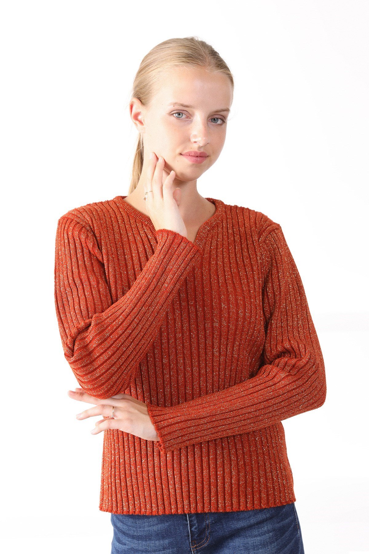 Ferraro K.Oranj V Yaka Kadın Triko Kazak