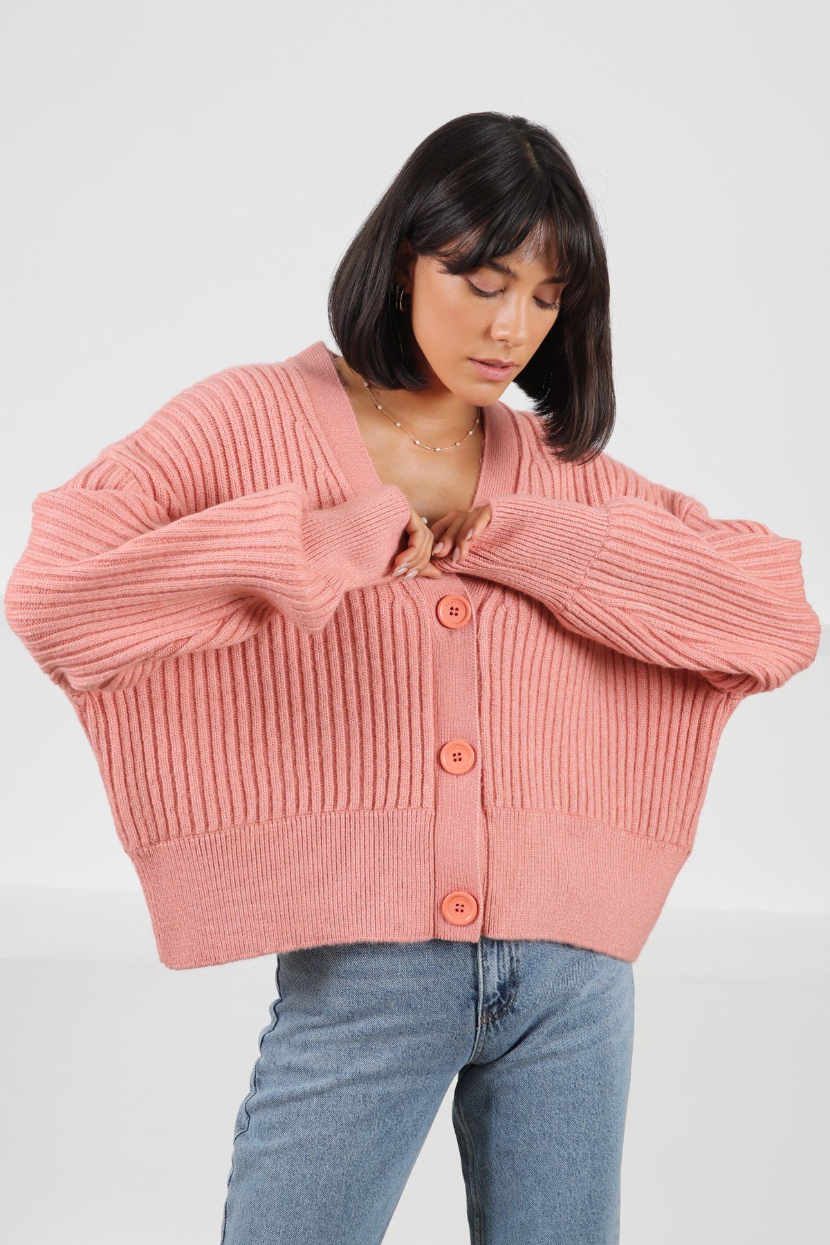 Ferraro K.Pembe Düşük Omuz Yün Kadın Triko Hırka