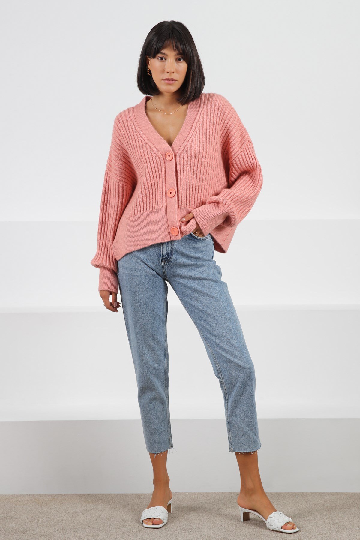 Ferraro K.Pembe Düşük Omuz Yün Kadın Triko Hırka