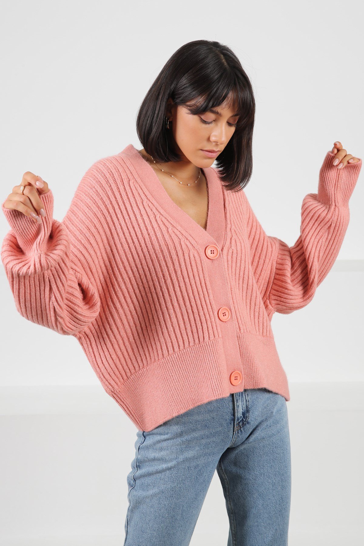 Ferraro K.Pembe Düşük Omuz Yün Kadın Triko Hırka