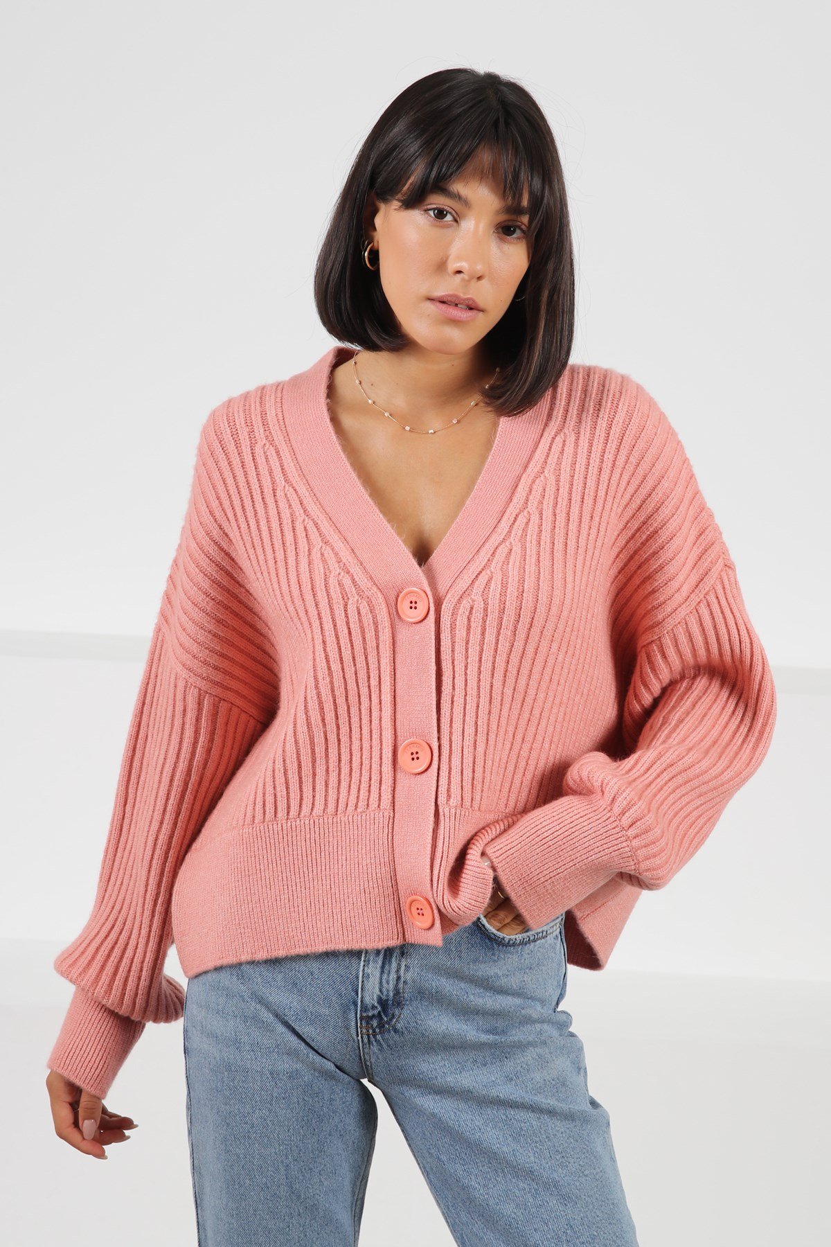 Ferraro K.Pembe Düşük Omuz Yün Kadın Triko Hırka