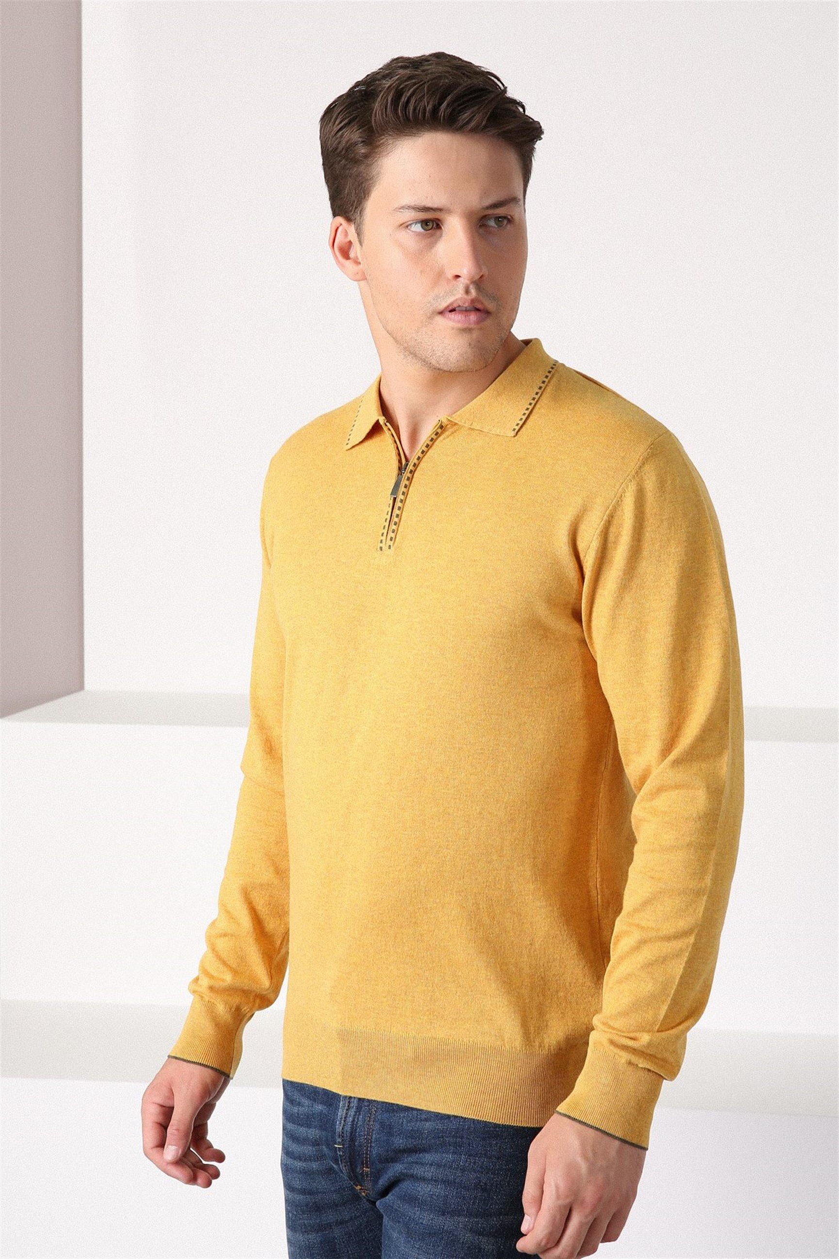 Ferraro K.Sarı Polo Yaka Fermuarlı Erkek Pamuk Kazak