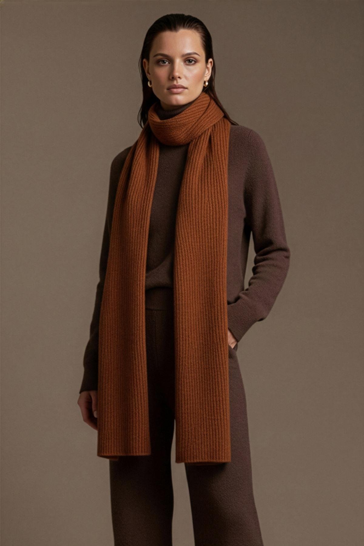 Ferraro Kahve %100 Kuzu Yünü Yumuşak Dokulu Kadın Triko Atkı