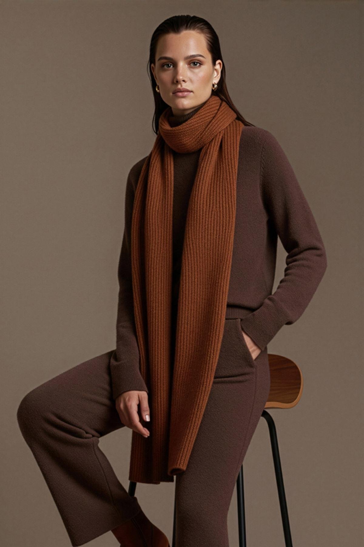 Ferraro Kahve %100 Kuzu Yünü Yumuşak Dokulu Kadın Triko Atkı