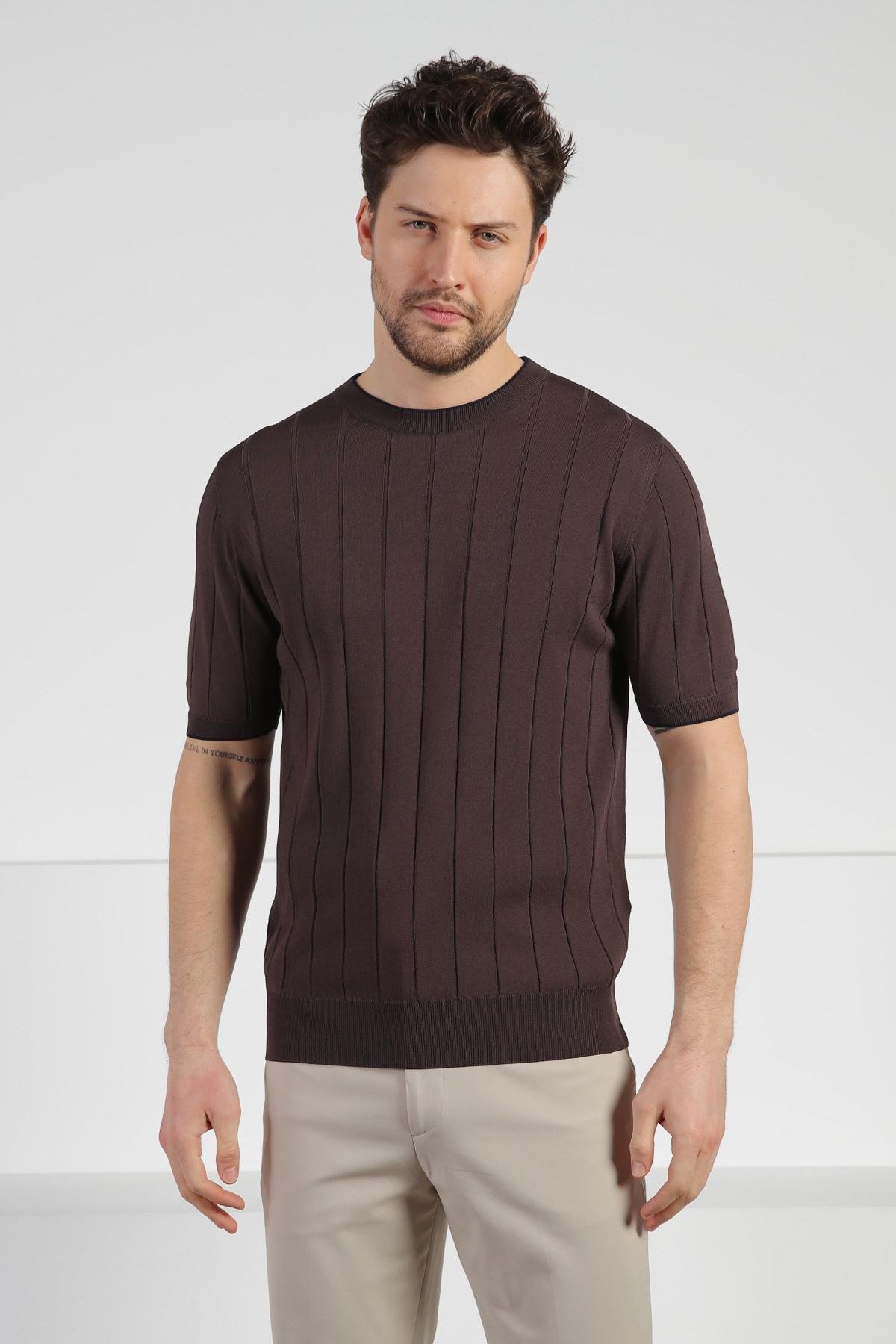 Ferraro Kahve Bisiklet Yaka Erkek Rayon Triko T-Shirt