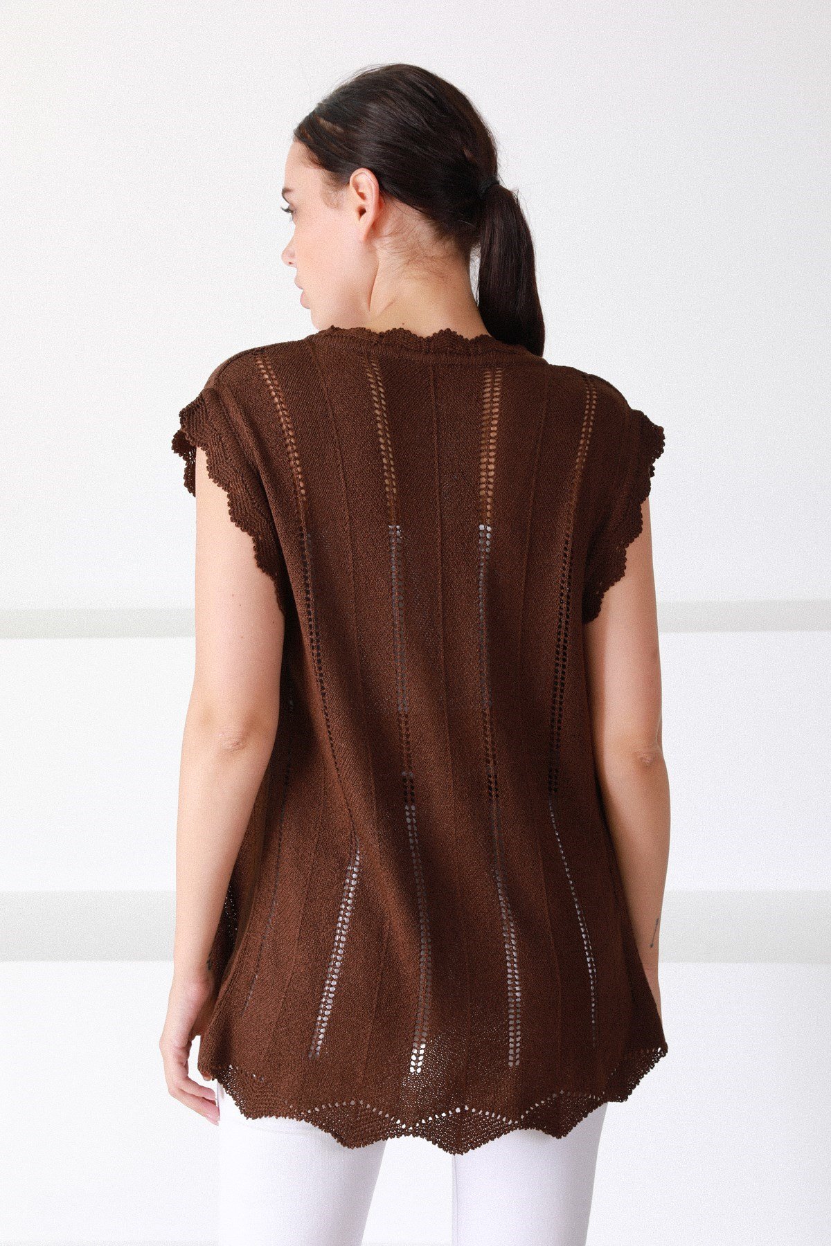 Ferraro Kahve Dantel Detaylı Uzun Kadın Triko Hırka