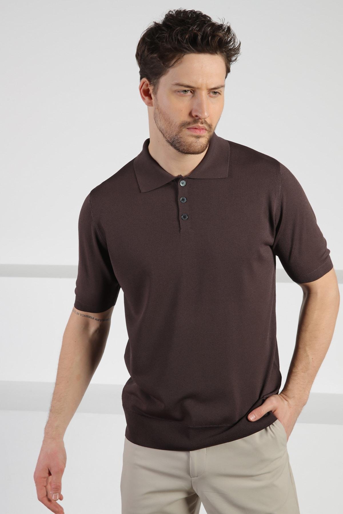 Ferraro Kahve Düğmeli Polo Yaka Erkek Rayon Triko T-Shirt