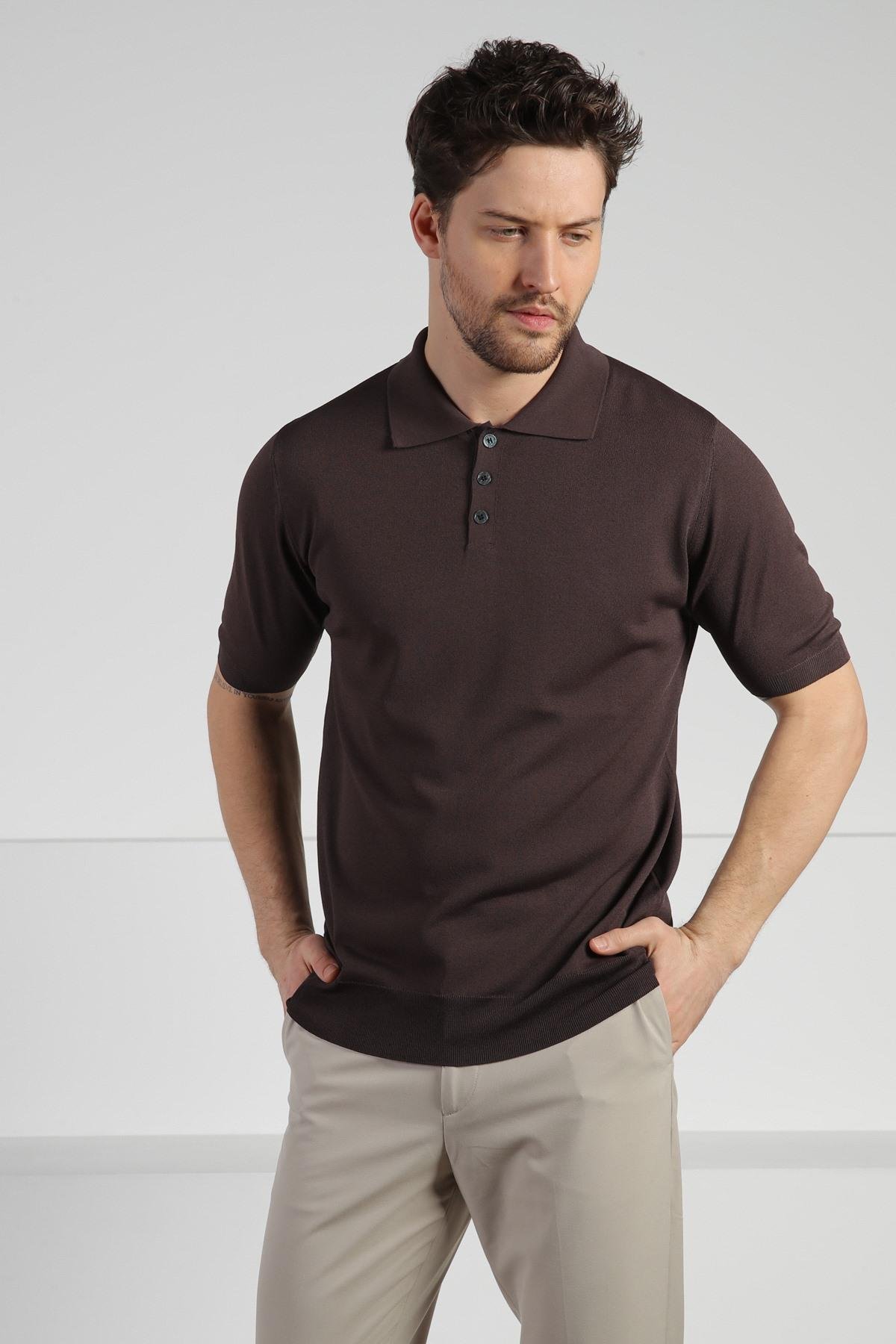 Ferraro Kahve Düğmeli Polo Yaka Erkek Rayon Triko T-Shirt