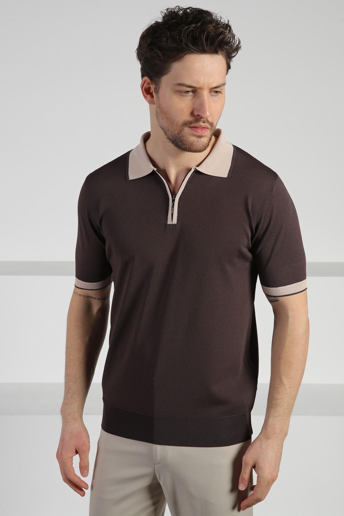 Ferraro Kahve Fermuarlı Polo Yaka Erkek Rayon Triko T-Shirt