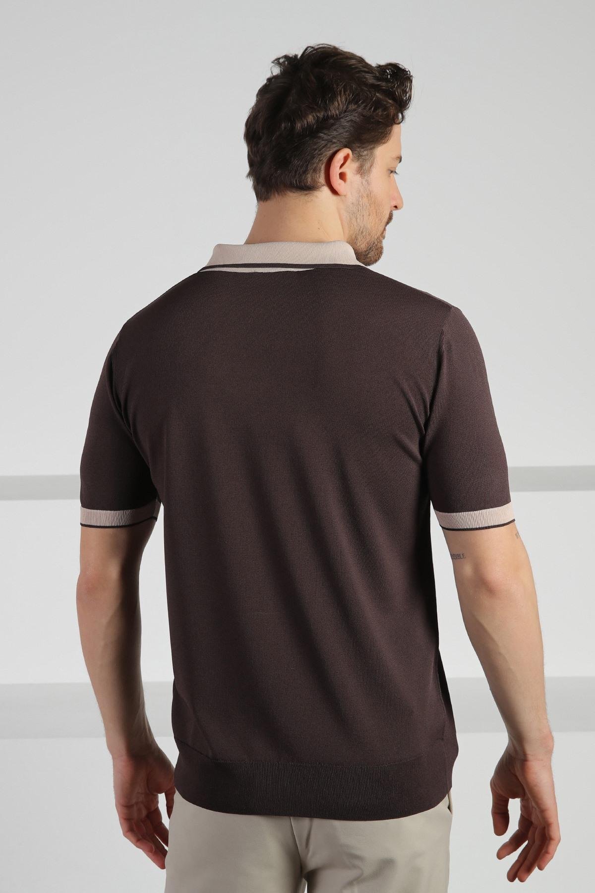 Ferraro Kahve Fermuarlı Polo Yaka Erkek Rayon Triko T-Shirt