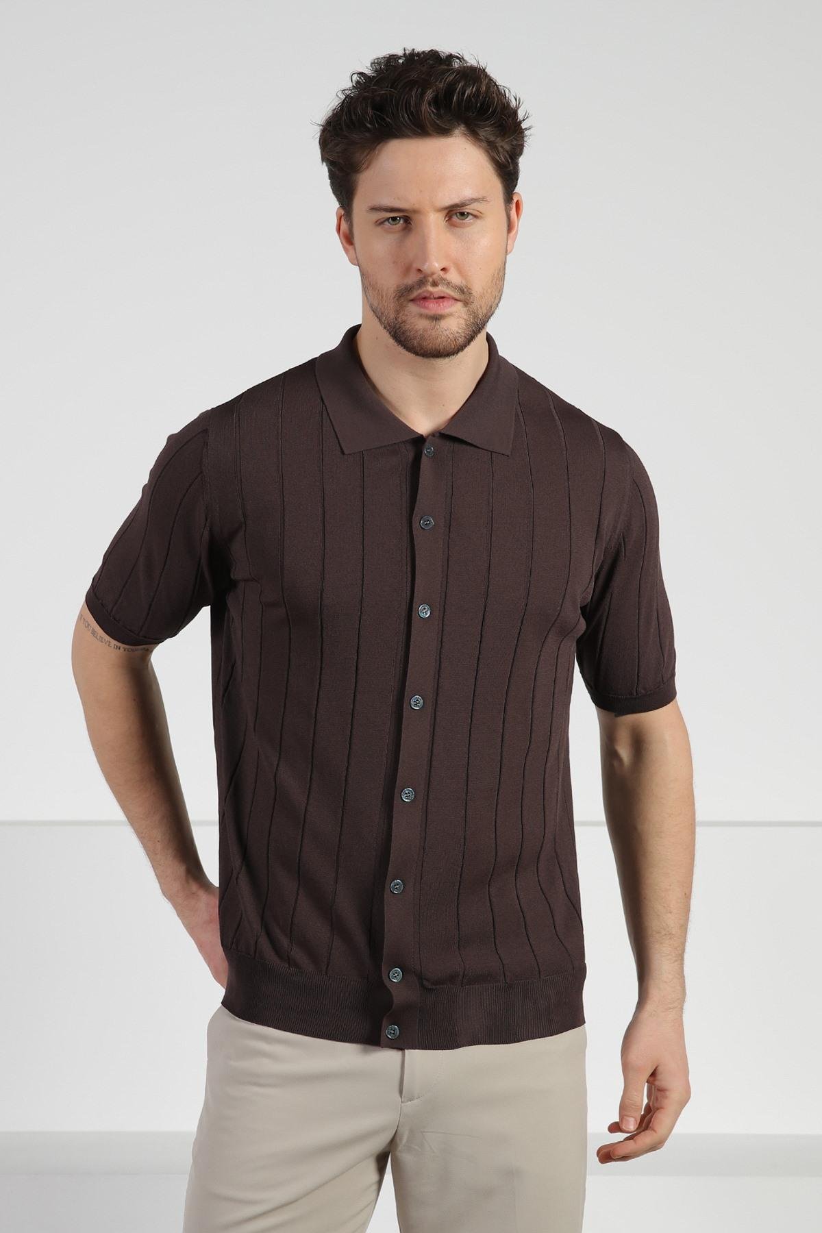 Ferraro Kahve Önü Düğmeli Polo Yaka Erkek Rayon Triko T-Shirt