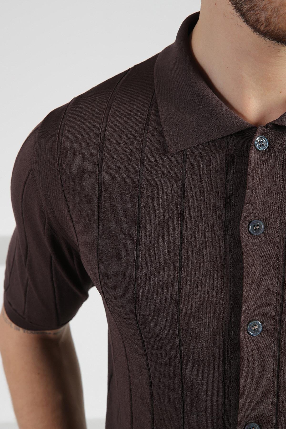 Ferraro Kahve Önü Düğmeli Polo Yaka Erkek Rayon Triko T-Shirt