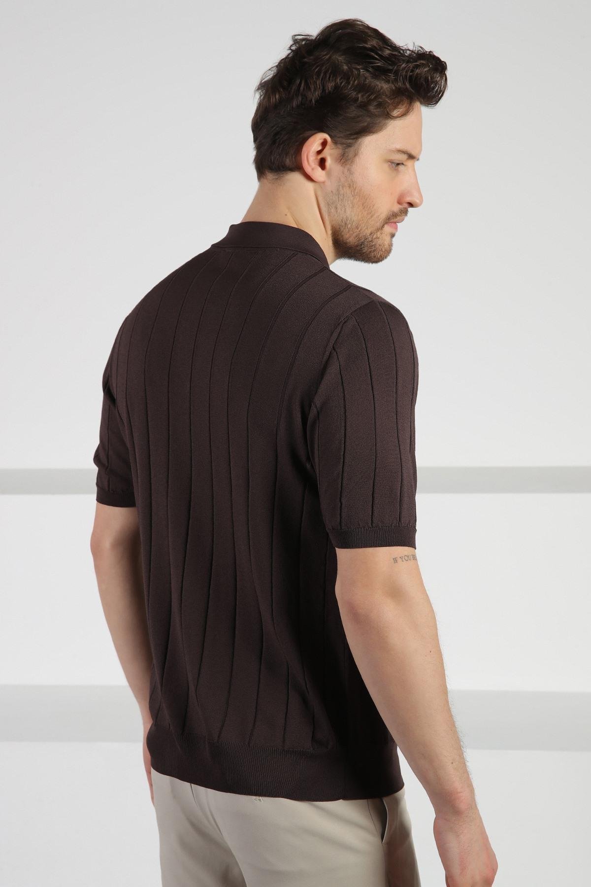 Ferraro Kahve Önü Düğmeli Polo Yaka Erkek Rayon Triko T-Shirt