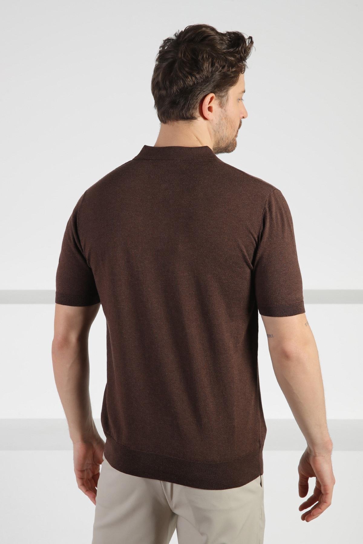Ferraro Kahve Polo Yaka Fermuarlı Erkek Pamuk Triko T-Shirt