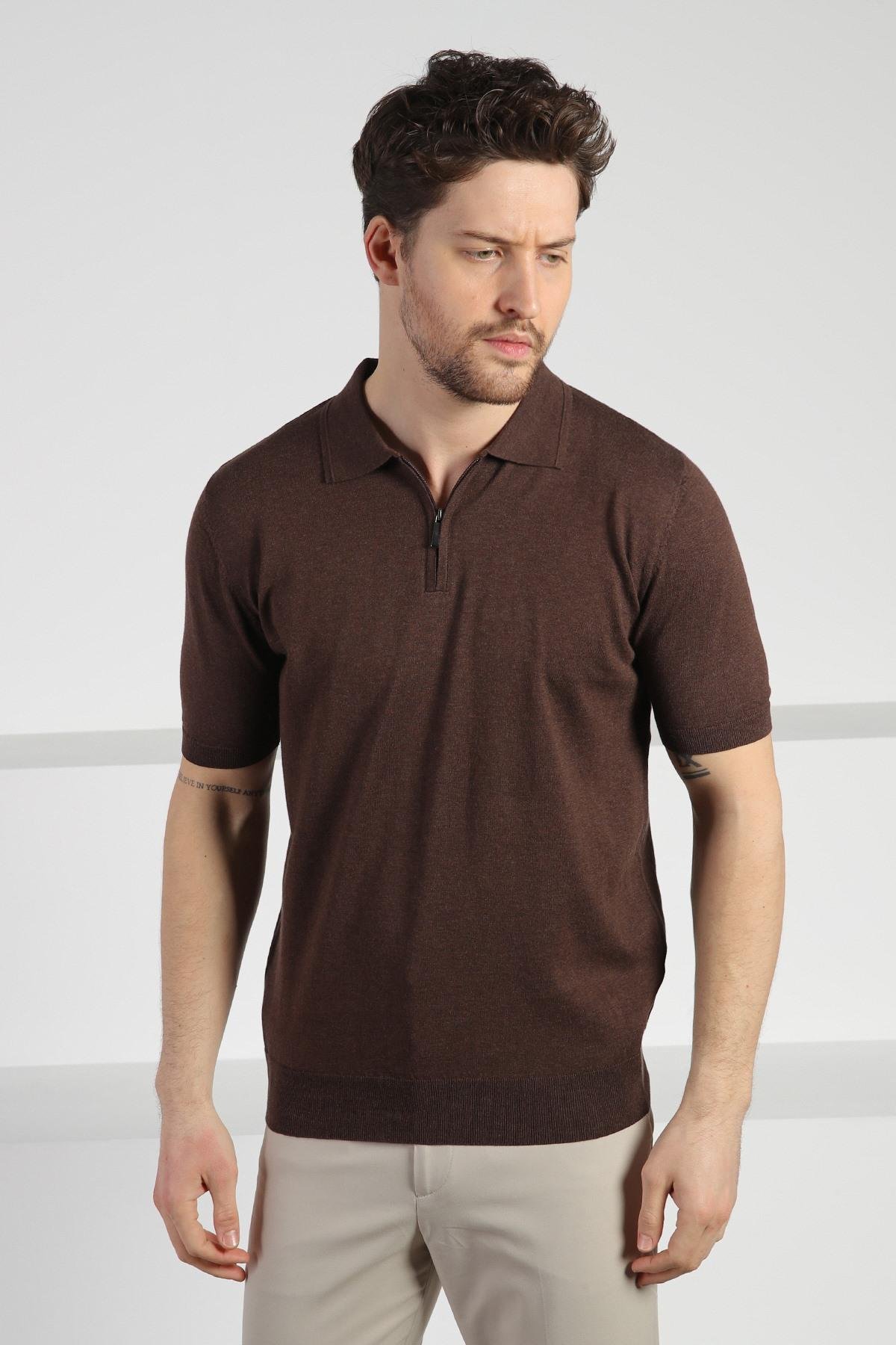Ferraro Kahve Polo Yaka Fermuarlı Erkek Pamuk Triko T-Shirt
