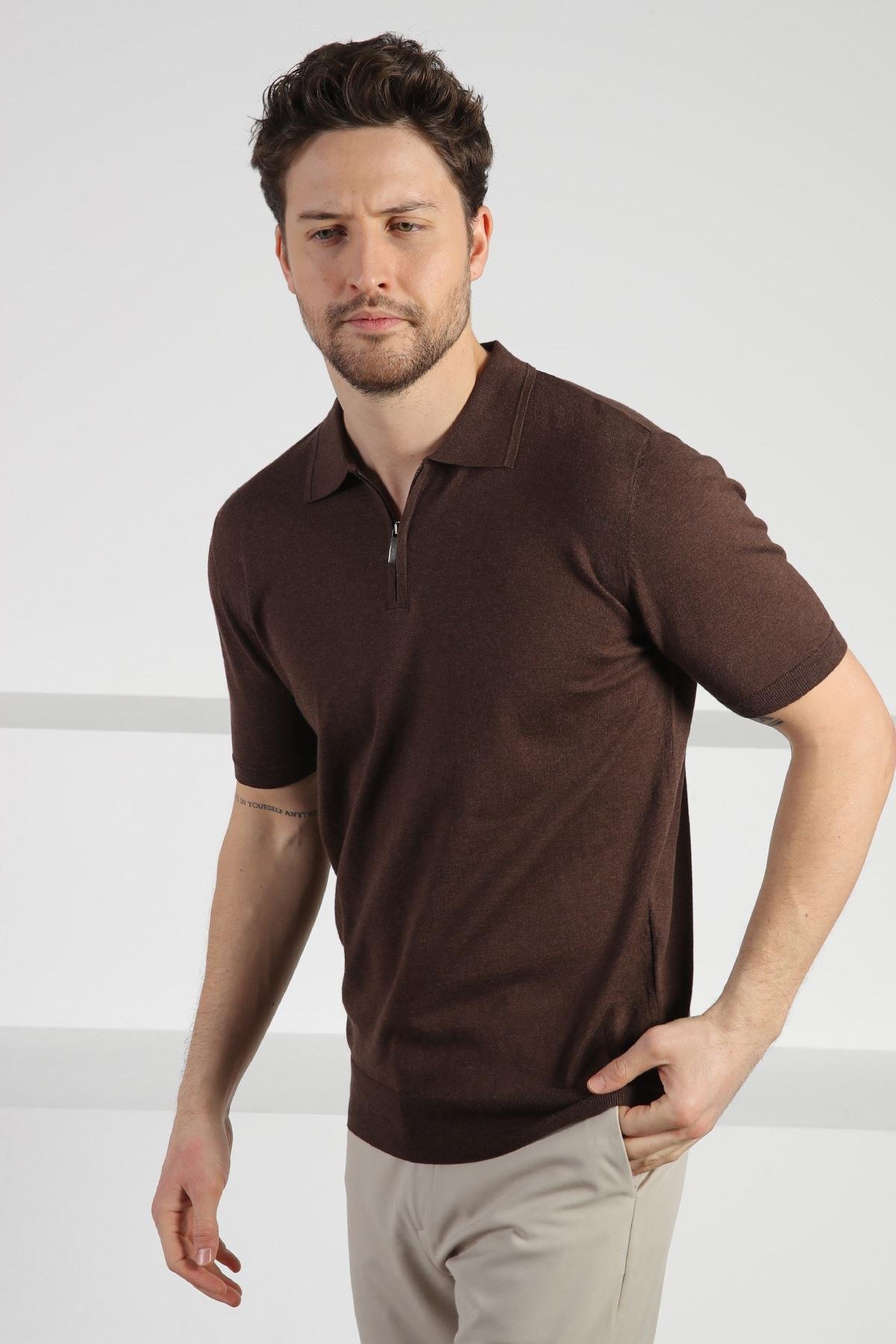 Ferraro Kahve Polo Yaka Fermuarlı Erkek Pamuk Triko T-Shirt