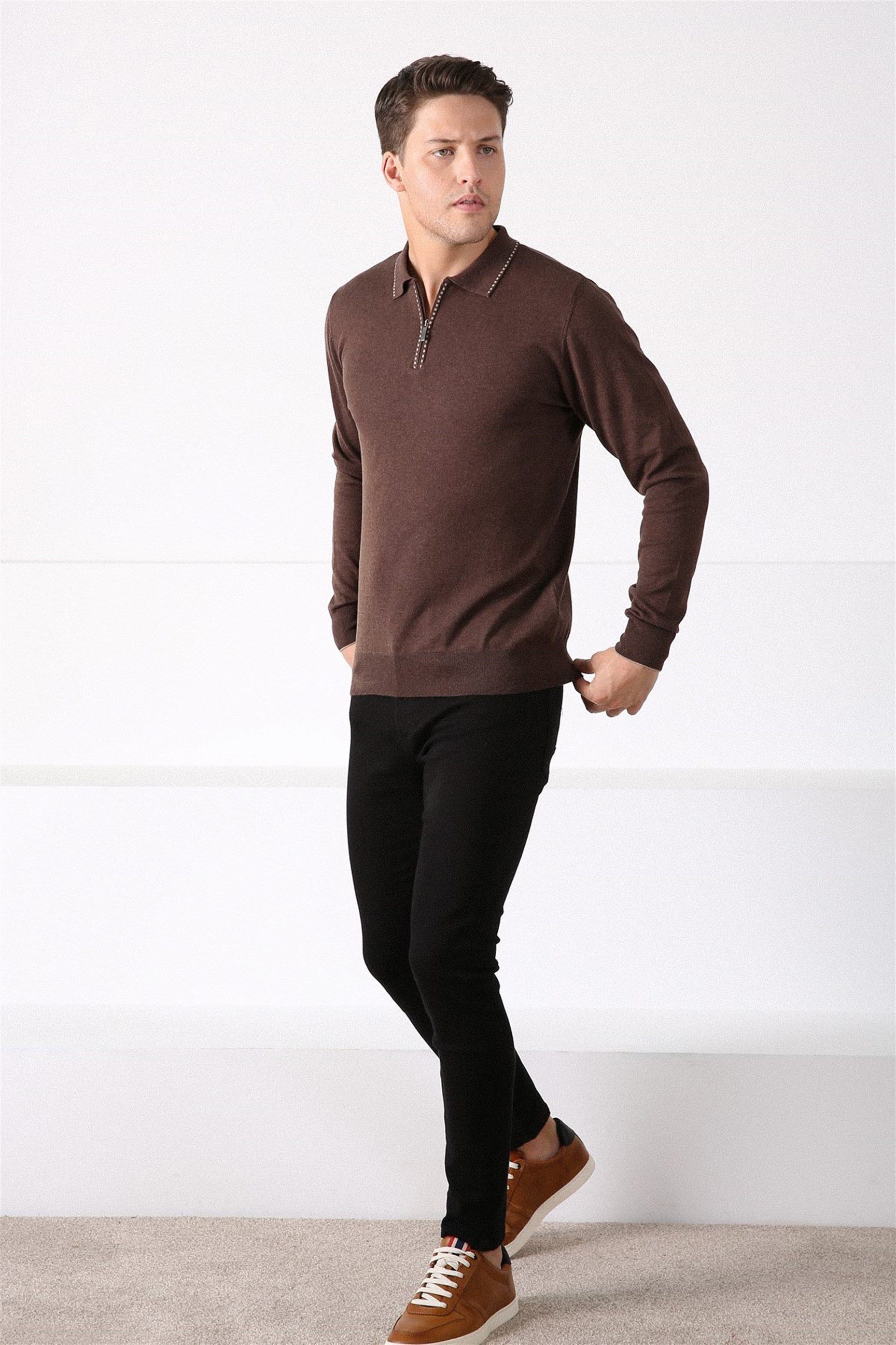 Ferraro Kahve Polo Yaka Fermuarlı Erkek Pamuk Kazak