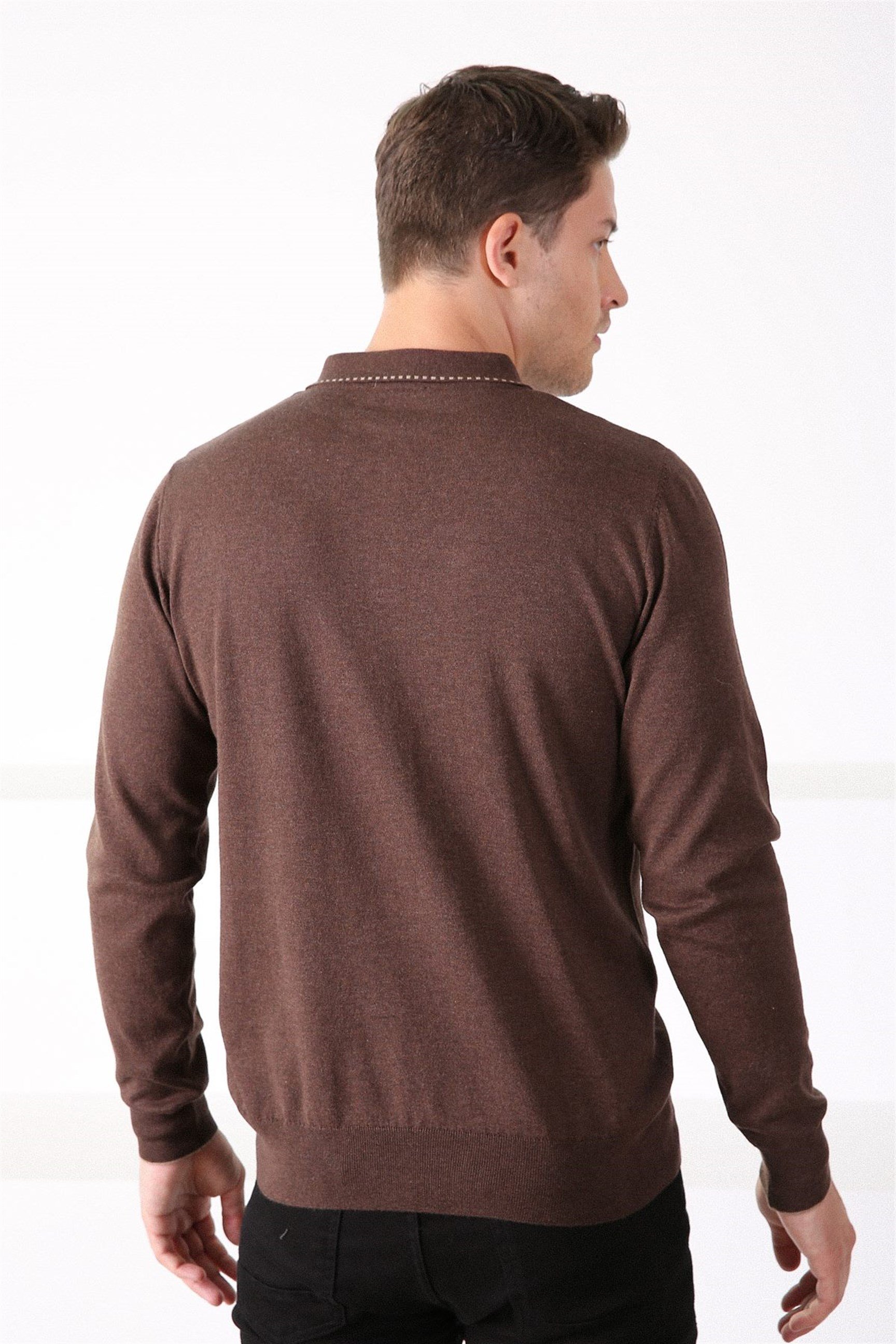 Ferraro Kahve Polo Yaka Fermuarlı Erkek Pamuk Kazak