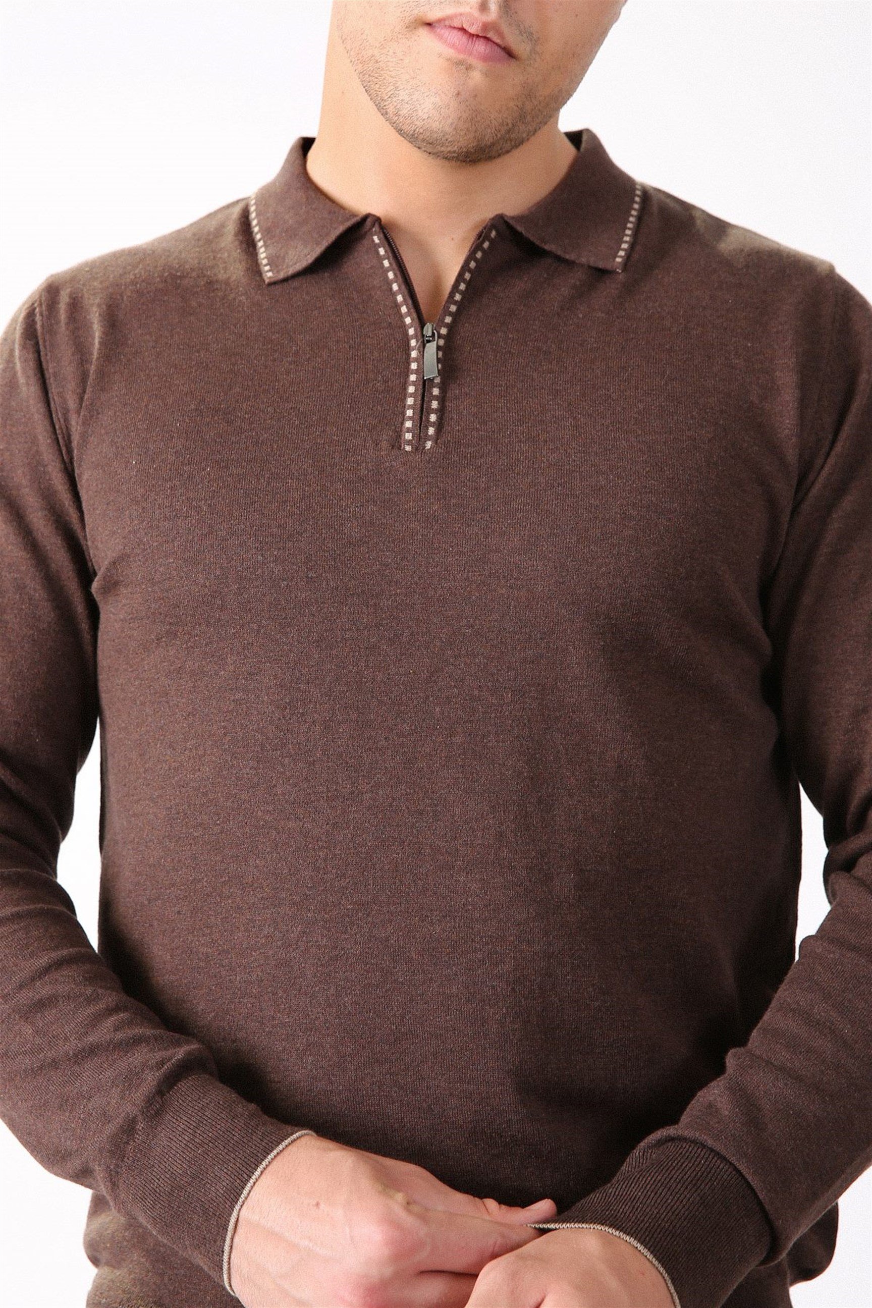 Ferraro Kahve Polo Yaka Fermuarlı Erkek Pamuk Kazak